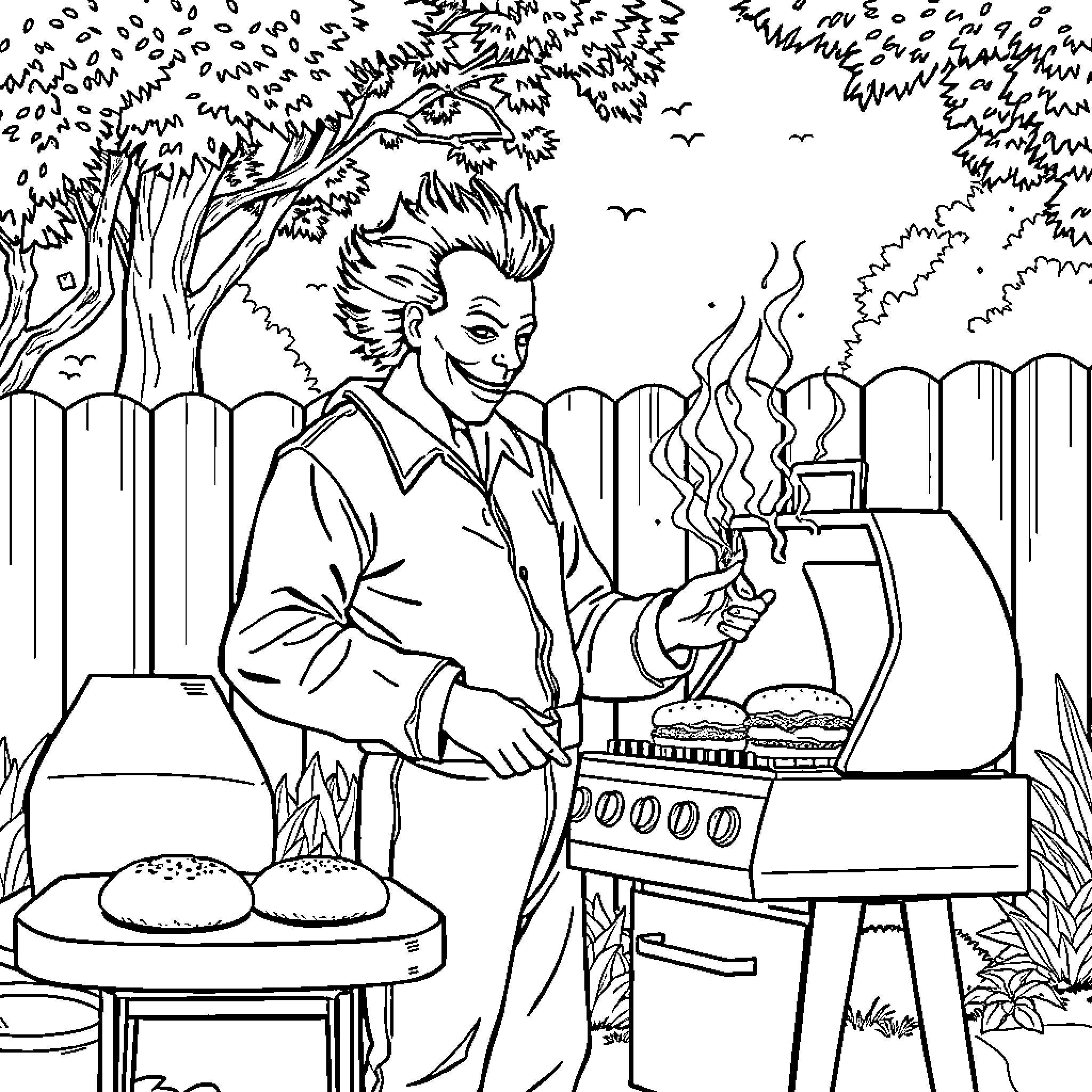 Michael Myers grilling outdoors on a sunny day Coloring Page (free black-and-white line drawing printable PDF for all, from beginners to advanced learners, including children, teens, adults, and seniors)