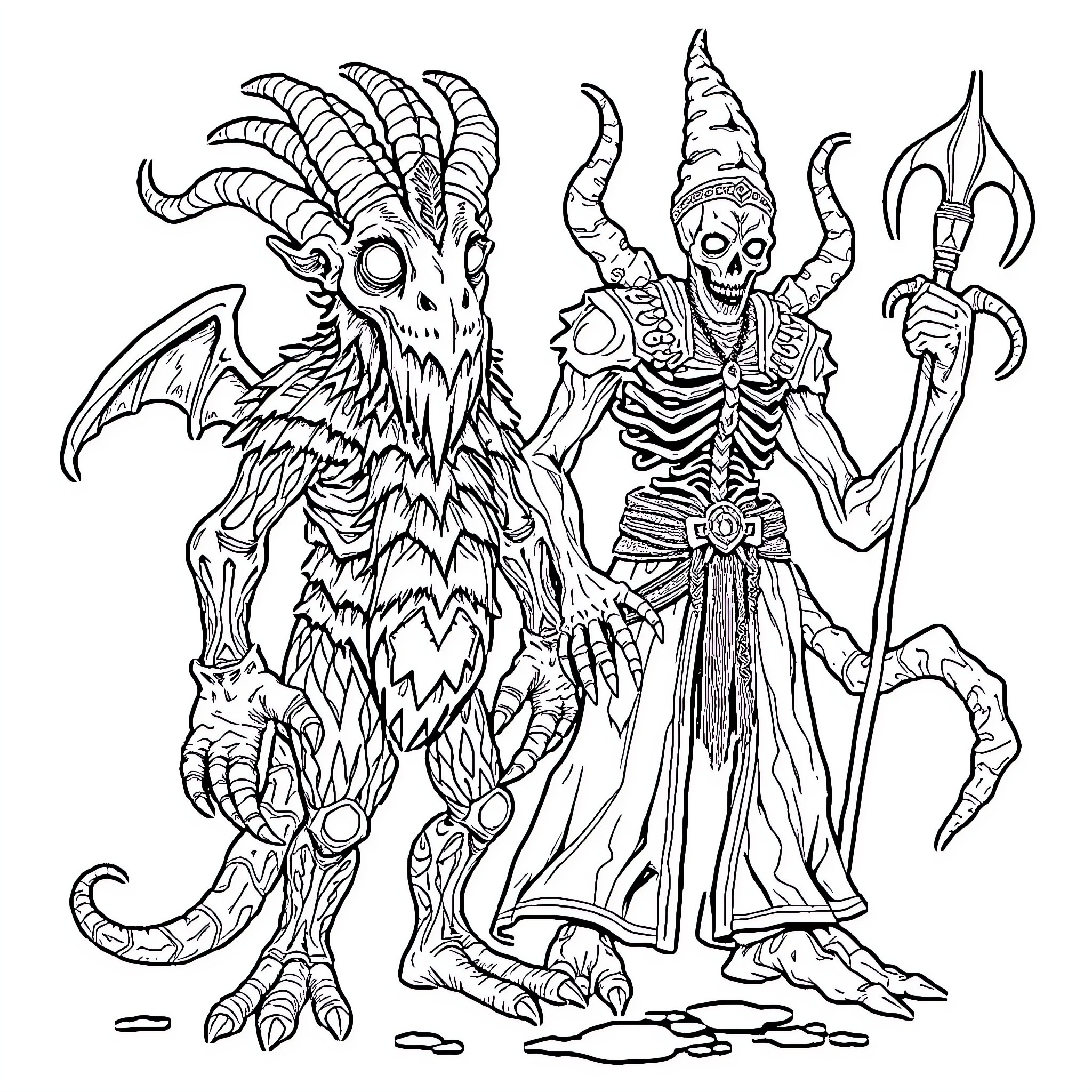 Ogerpon's Sinister Sorcerer and Demonic Companion Coloring Page (free black-and-white line drawing printable PDF for all, from beginners to advanced learners, including children, teens, adults, and seniors)