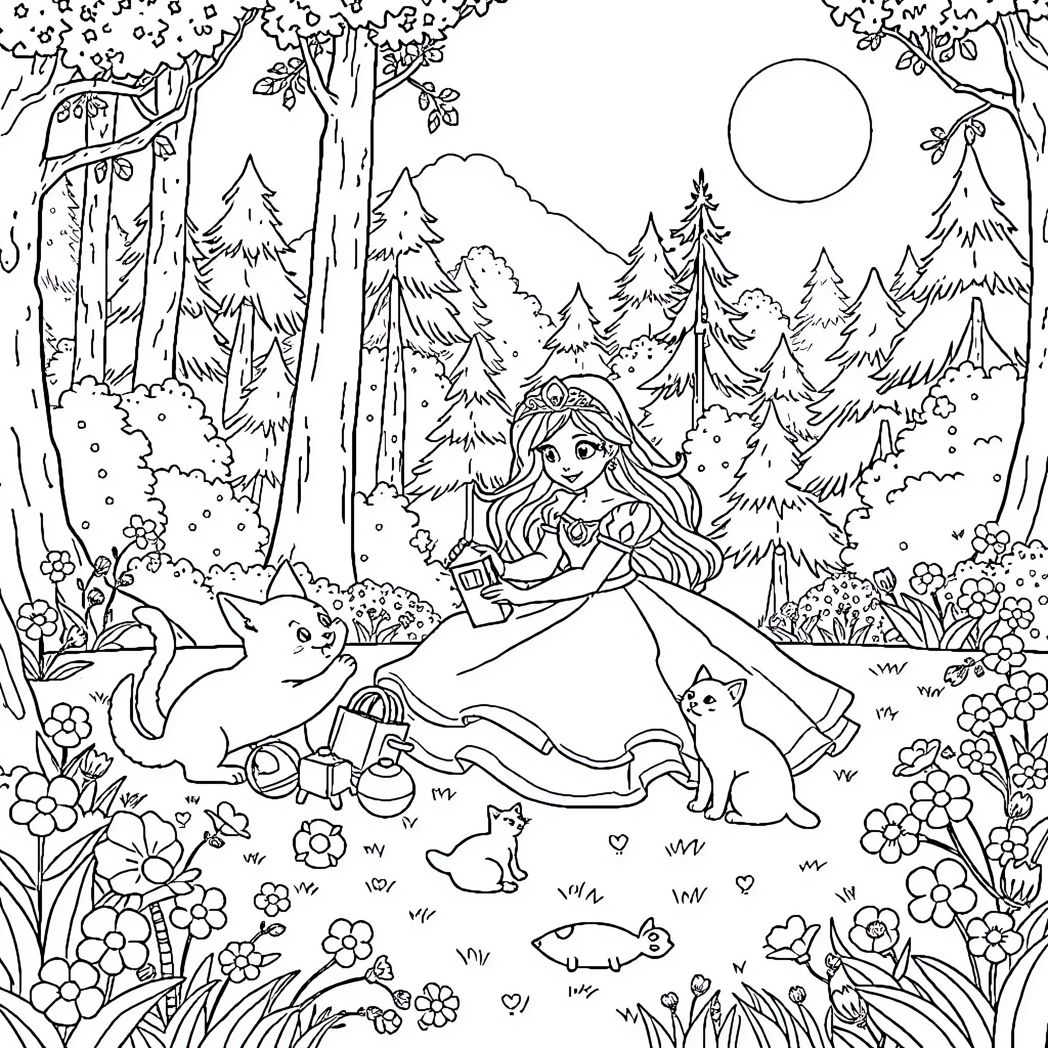 Princess enjoying nature's beauty in the forest Coloring Page (free black-and-white line drawing printable PDF for all, from beginners to advanced learners, including children, teens, adults, and seniors)