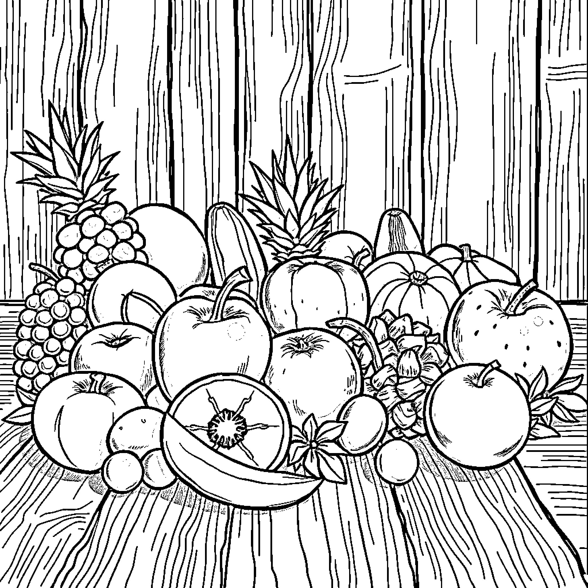 Fruit Collection on Wooden Background Coloring Page (free black-and-white line drawing printable PDF for all, from beginners to advanced learners, including children, teens, adults, and seniors)