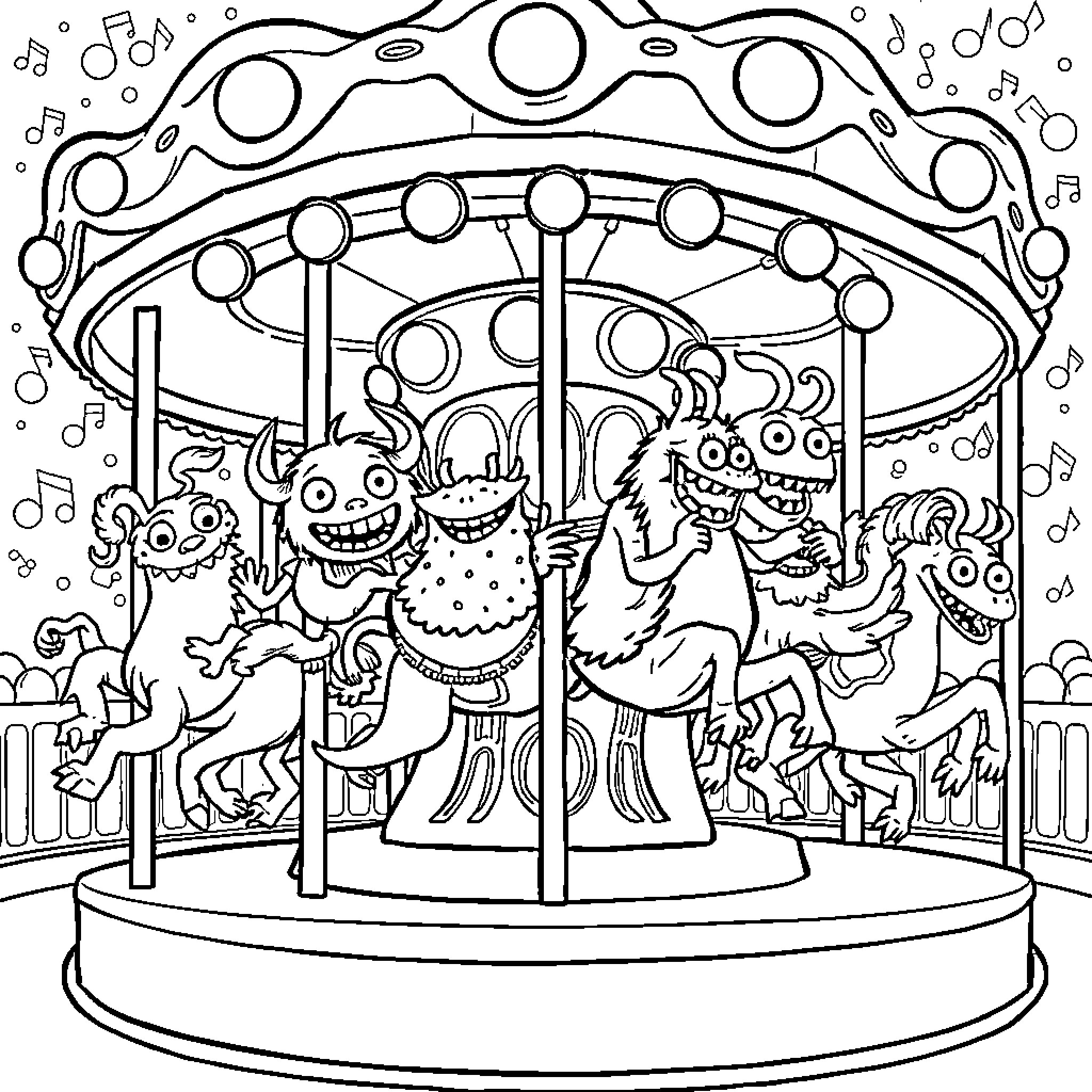 Monster carousel ride with musical notes Coloring Page (free black-and-white line drawing printable PDF for all, from beginners to advanced learners, including children, teens, adults, and seniors)