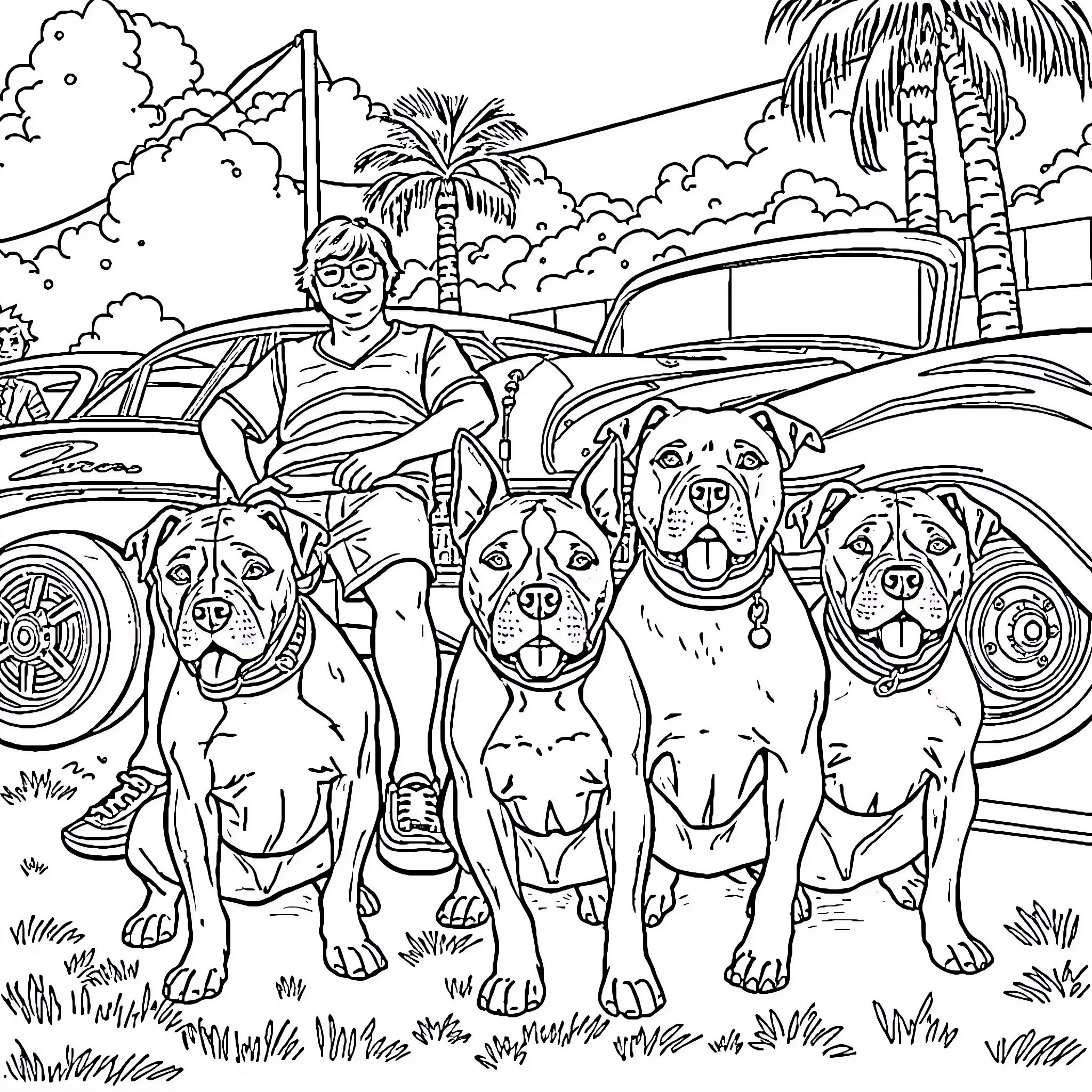 Pitbulls with their friendly owner in a tropical setting Coloring Page (free black-and-white line drawing printable PDF for all, from beginners to advanced learners, including children, teens, adults, and seniors)