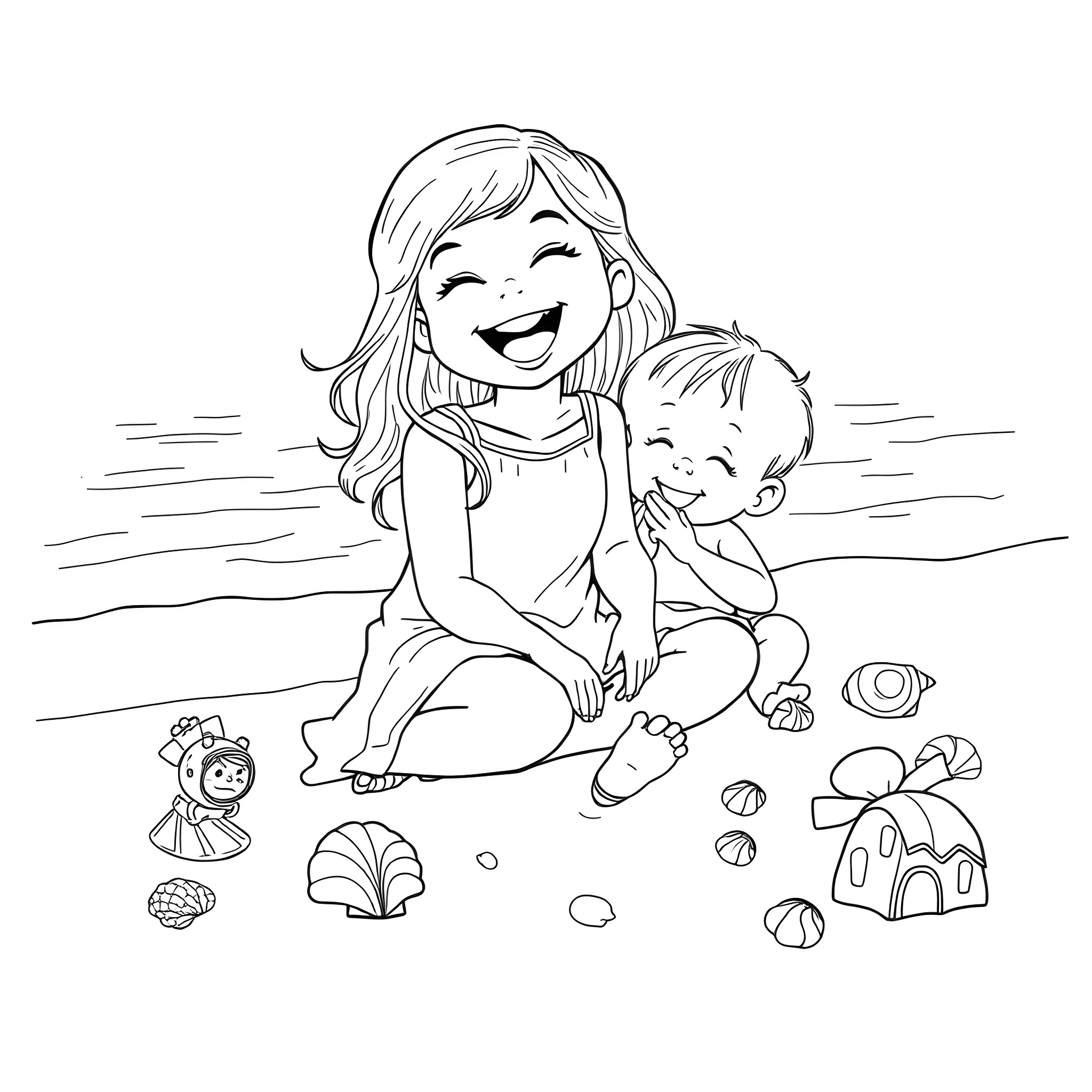 Girl playing happily with baby on the beach Coloring Page (free black-and-white line drawing printable PDF for all, from beginners to advanced learners, including children, teens, adults, and seniors)