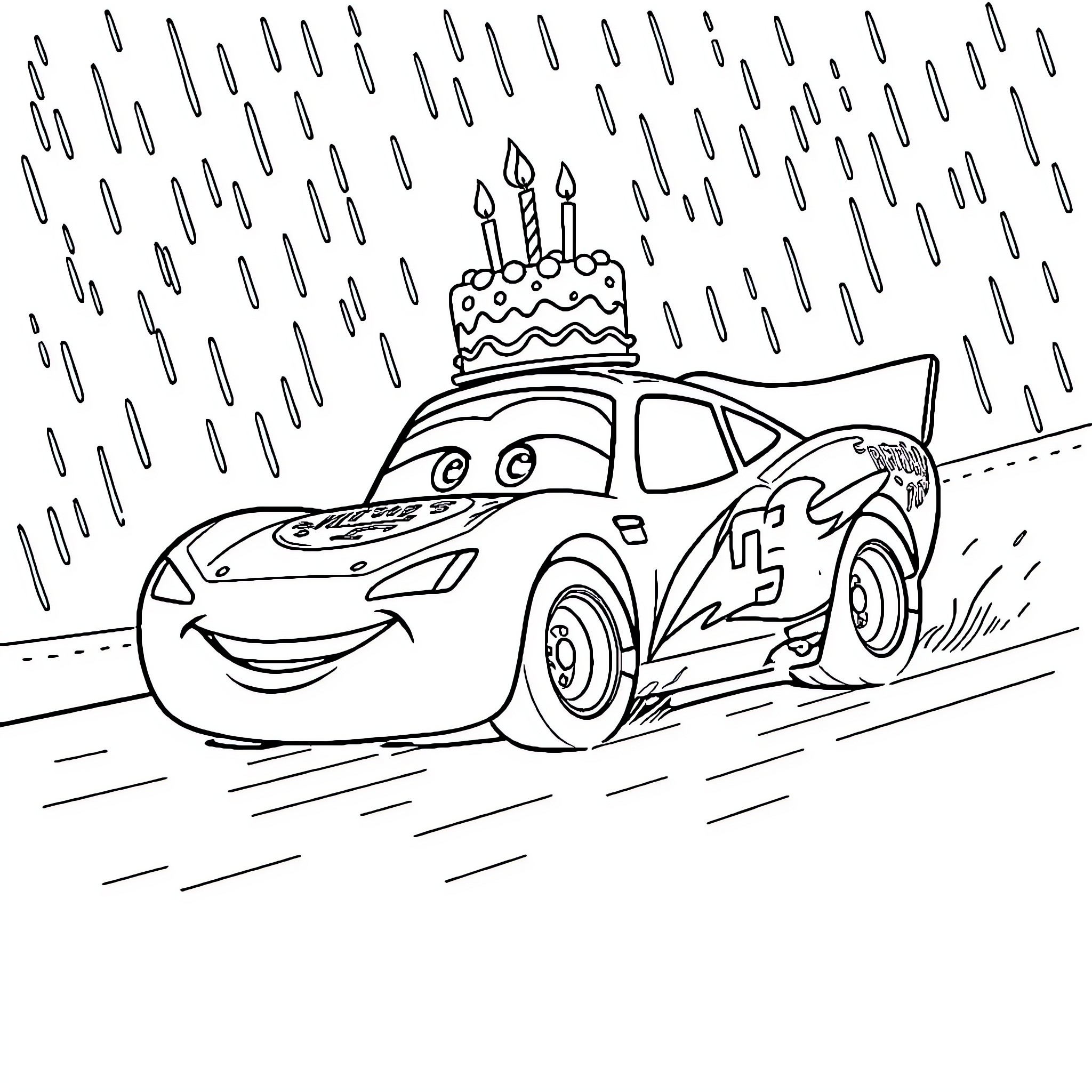 Lightning McQueen's Birthday Celebration Coloring Page (free black-and-white line drawing printable PDF for all, from beginners to advanced learners, including children, teens, adults, and seniors)
