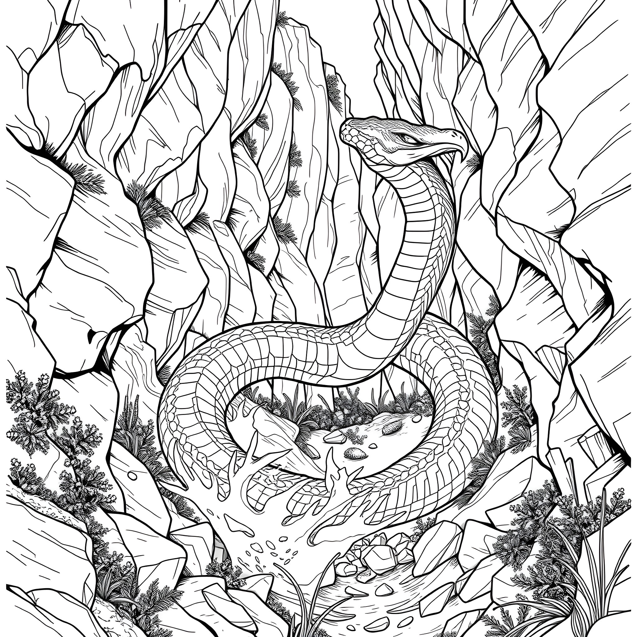 Uktena, the Mythical Serpent Creature in the Mystical Landscape Coloring Page (free black-and-white line drawing printable PDF for all, from beginners to advanced learners, including children, teens, adults, and seniors)