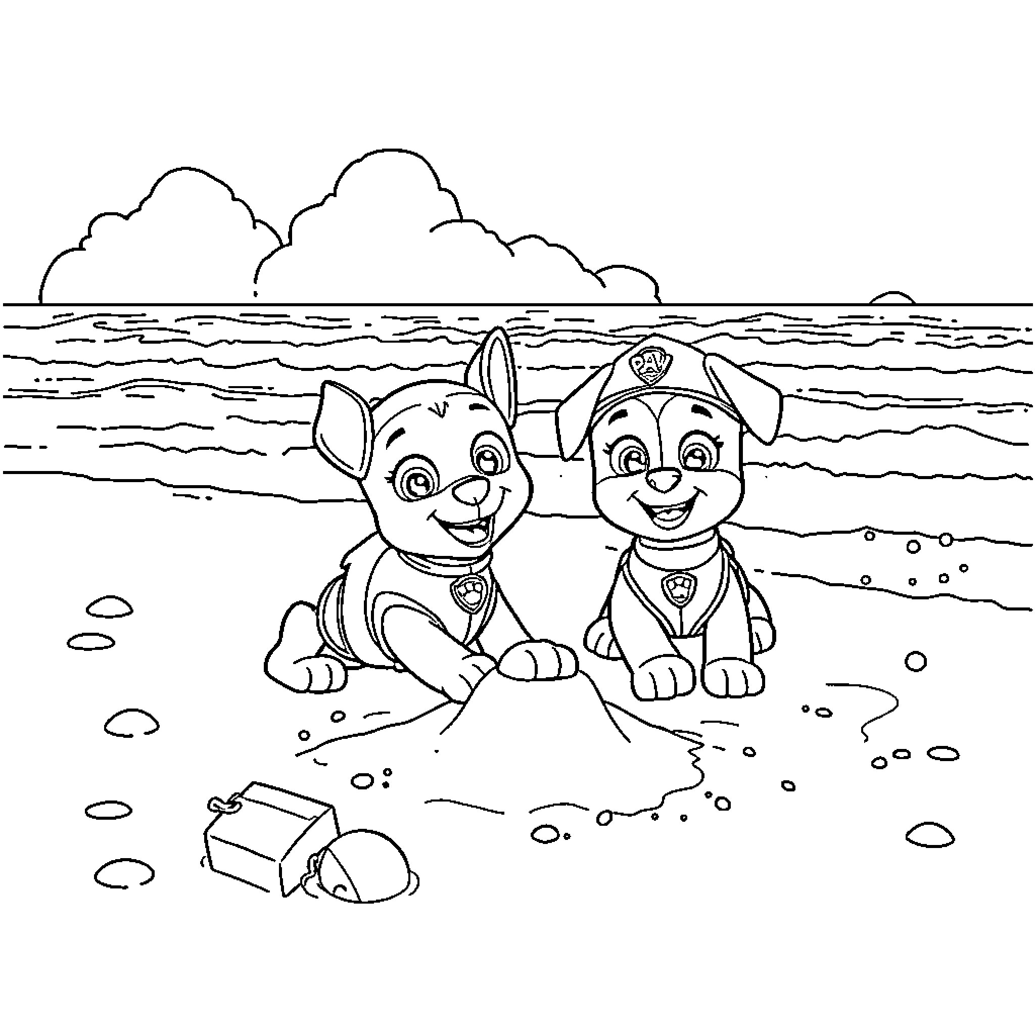 Paw Patrol pups playing on the beach Coloring Page (free black-and-white line drawing printable PDF for all, from beginners to advanced learners, including children, teens, adults, and seniors)
