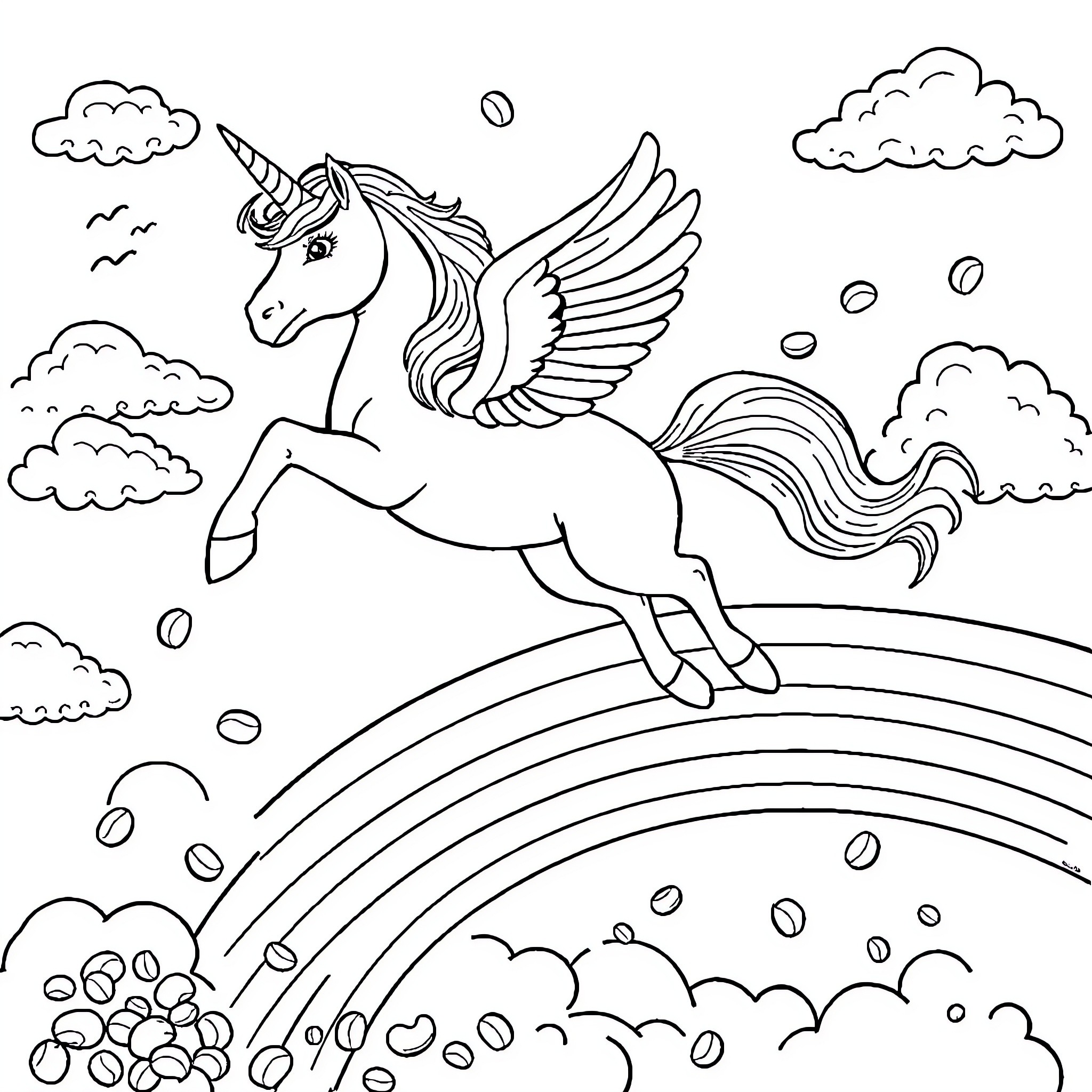 Unicorn flying over rainbow in cloudy sky Coloring Page (free black-and-white line drawing printable PDF for all, from beginners to advanced learners, including children, teens, adults, and seniors)