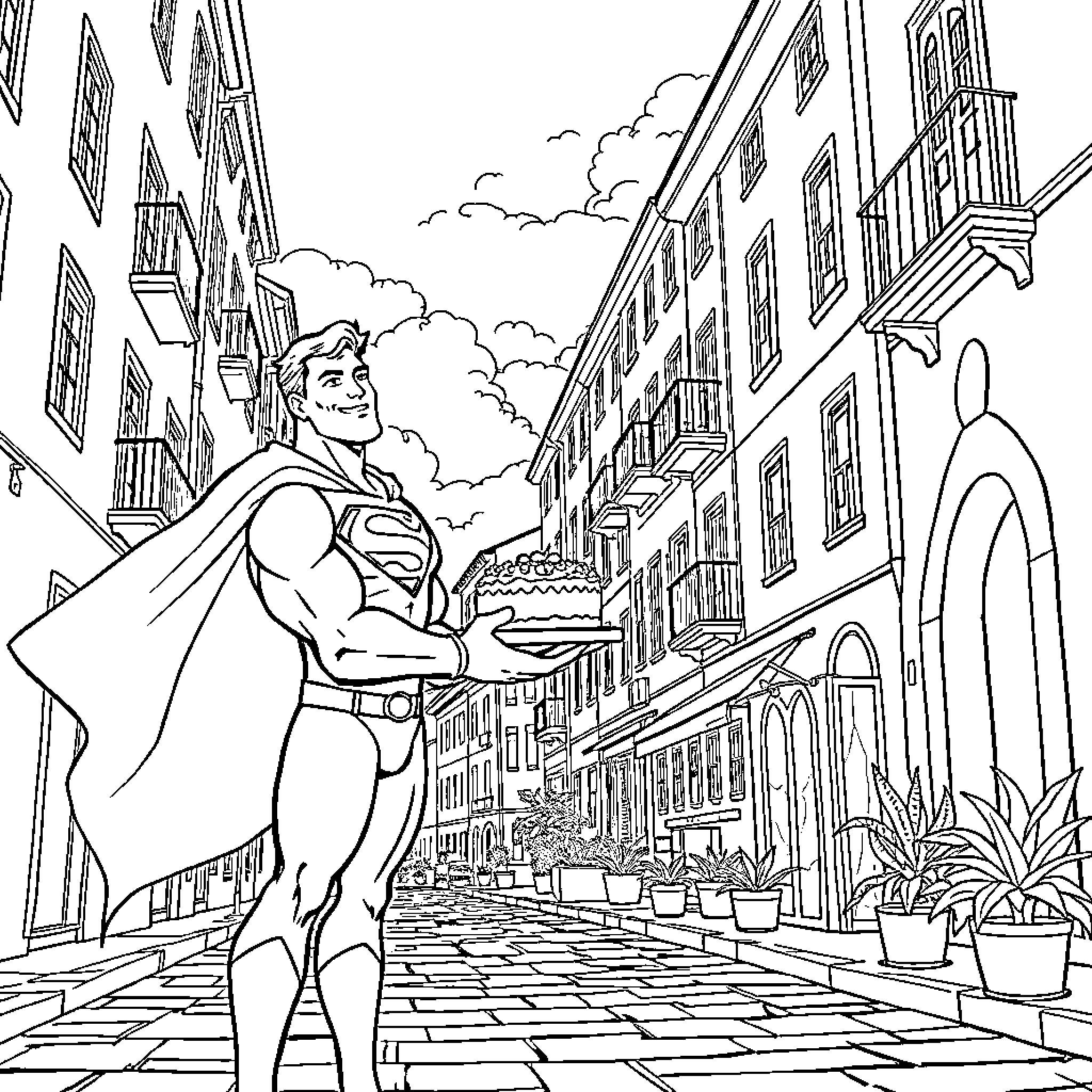 Superman surveying the city from above Coloring Page (free black-and-white line drawing printable PDF for all, from beginners to advanced learners, including children, teens, adults, and seniors)