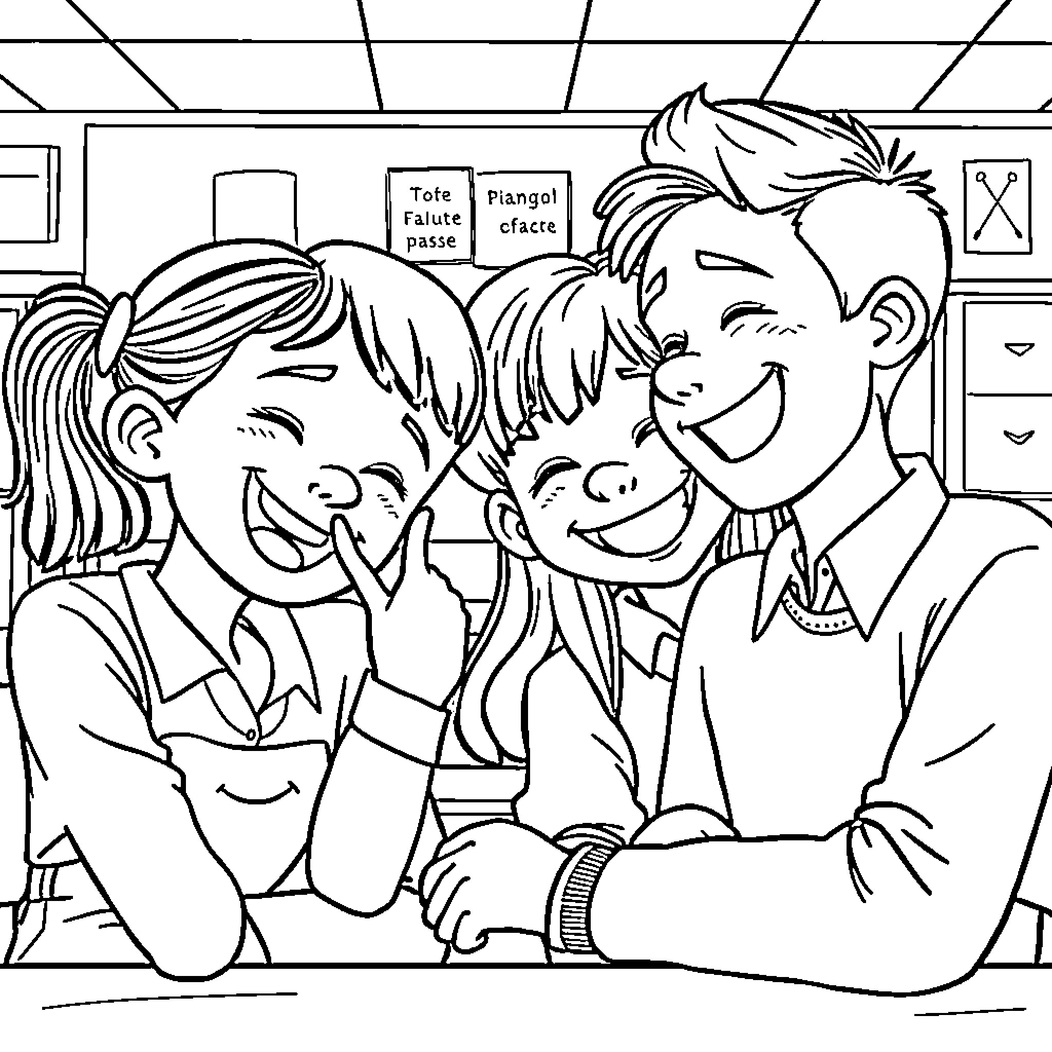 Friend's Joyful Conversation in Classroom Coloring Page (free black-and-white line drawing printable PDF for all, from beginners to advanced learners, including children, teens, adults, and seniors)