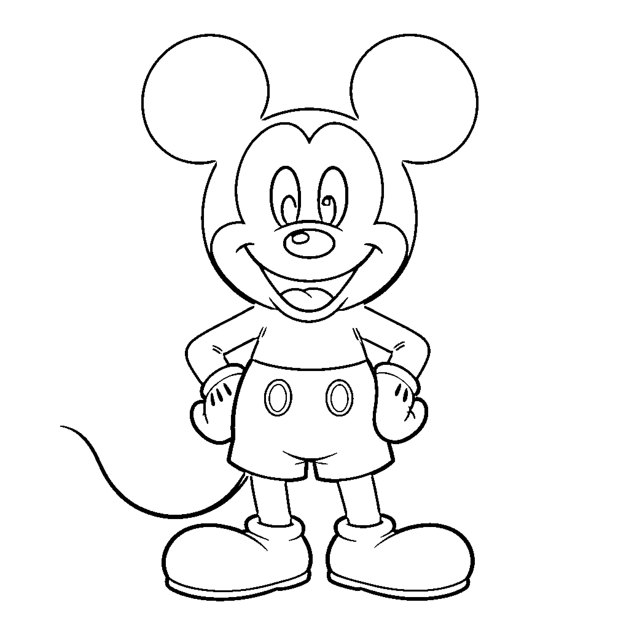 Mickey Mouse standing with hands on hips smiling Coloring Page (free black-and-white line drawing printable PDF for all, from beginners to advanced learners, including children, teens, adults, and seniors)