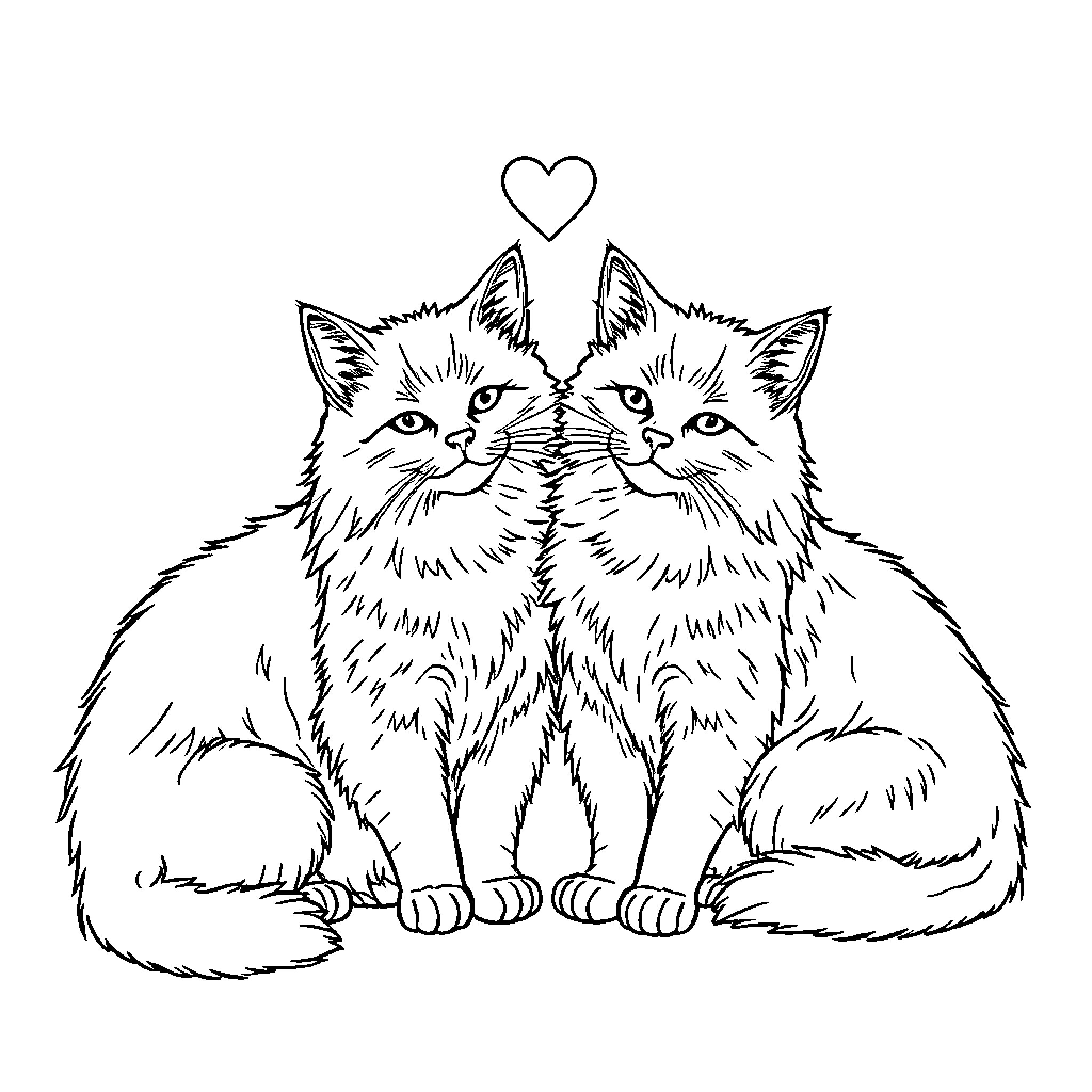 Cats cuddling with heart above Coloring Page (free black-and-white line drawing printable PDF for all, from beginners to advanced learners, including children, teens, adults, and seniors)