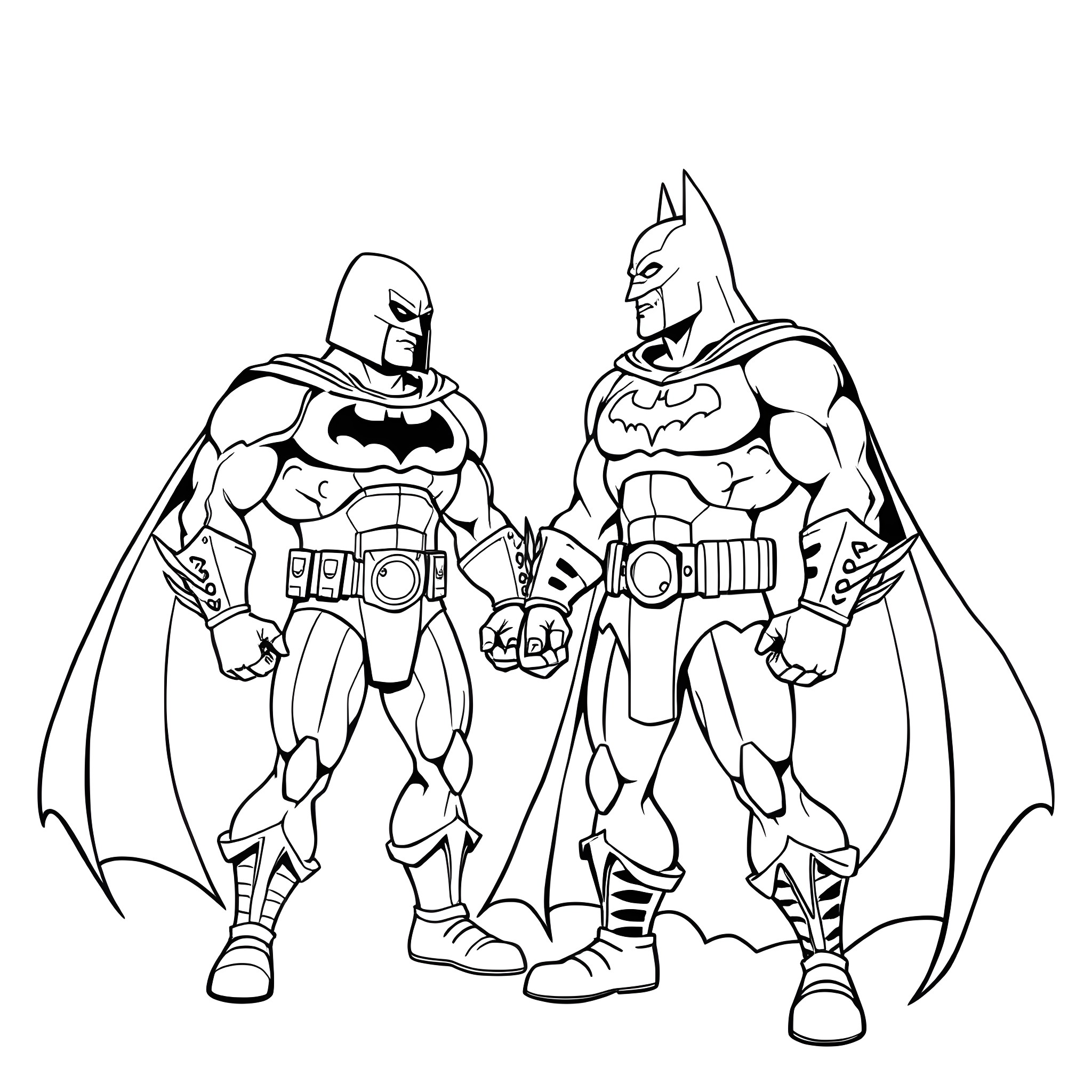 He-Man and Batman in Action Poses Coloring Page (free black-and-white line drawing printable PDF for all, from beginners to advanced learners, including children, teens, adults, and seniors)