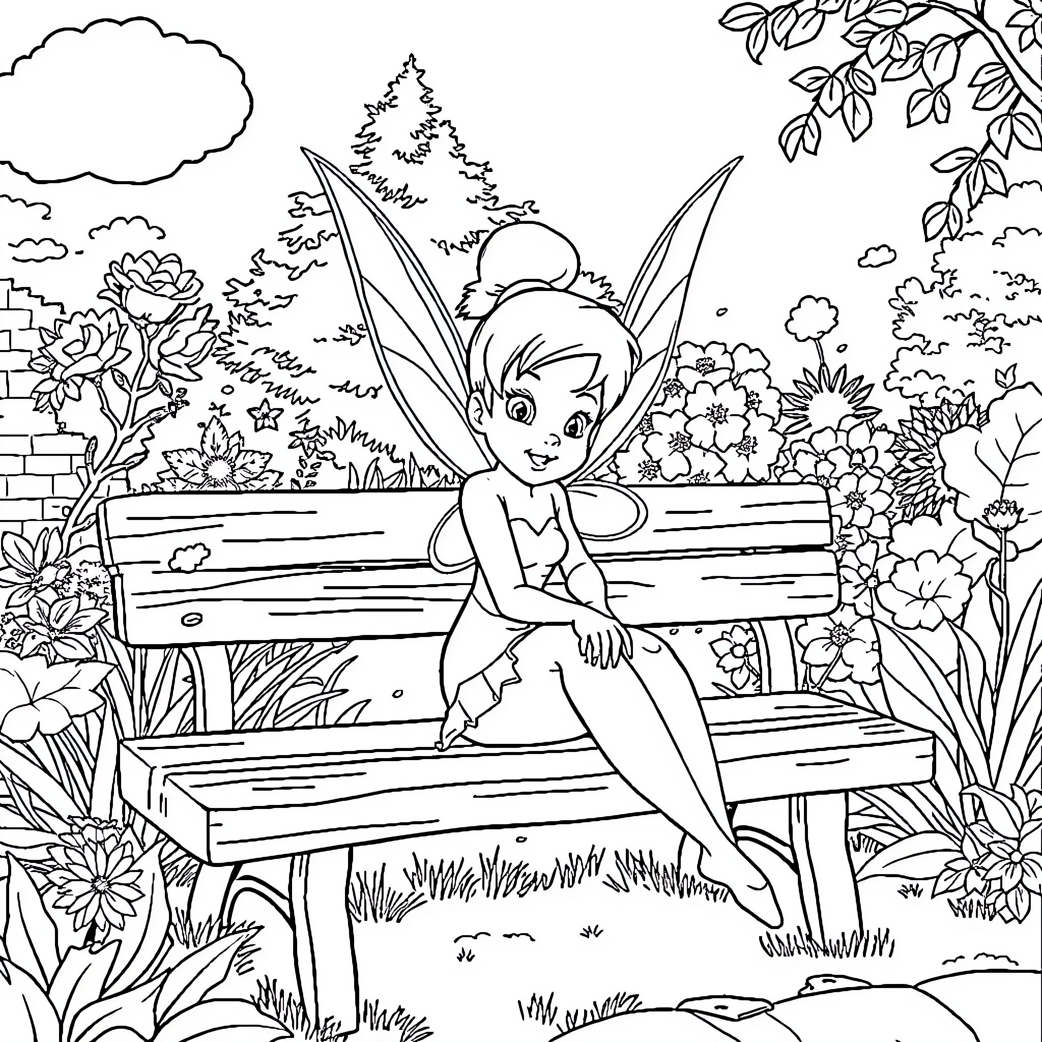 Tinker Bell resting on a bench in a garden Coloring Page (free black-and-white line drawing printable PDF for all, from beginners to advanced learners, including children, teens, adults, and seniors)