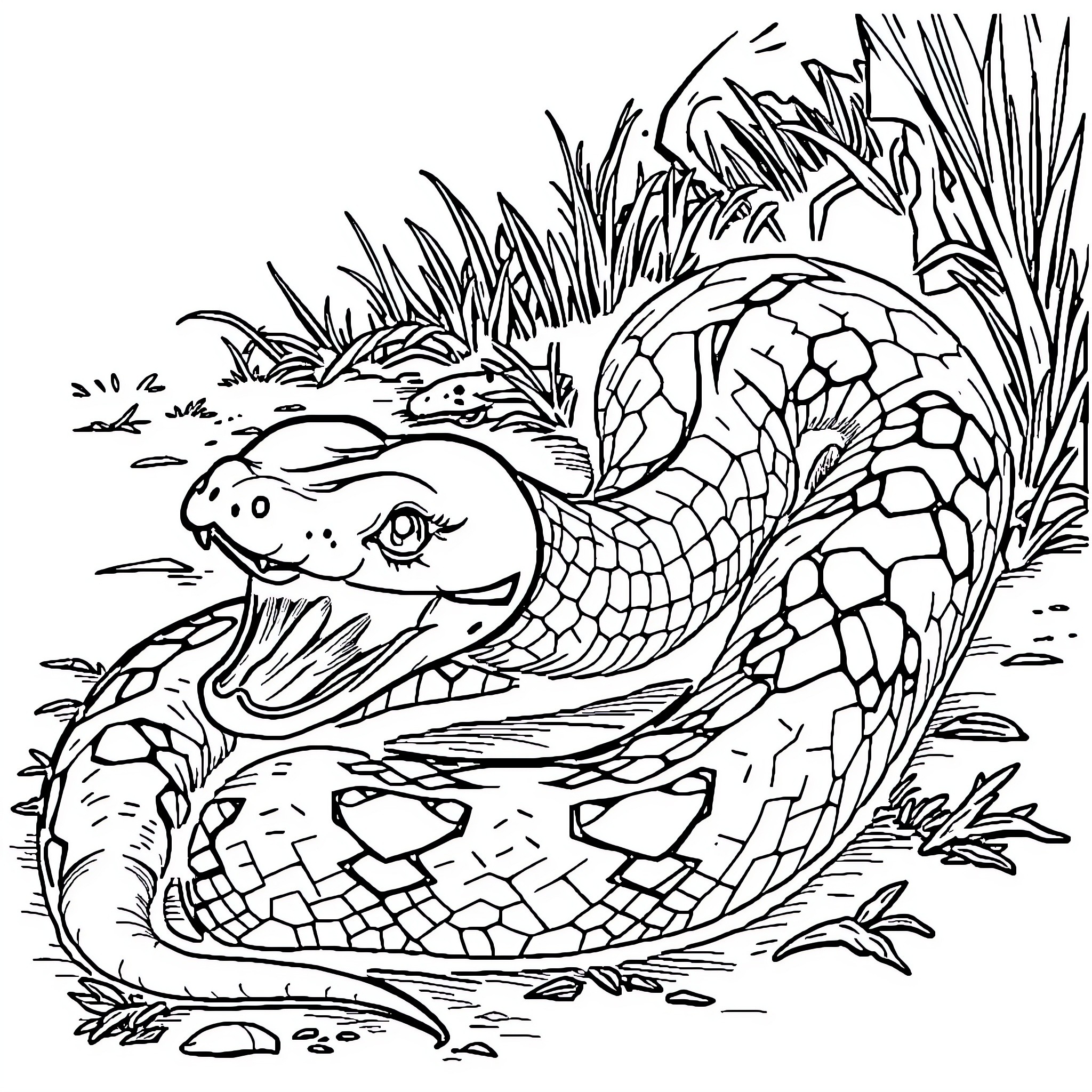 Snake slithering through lush vegetation Coloring Page (free black-and-white line drawing printable PDF for all, from beginners to advanced learners, including children, teens, adults, and seniors)