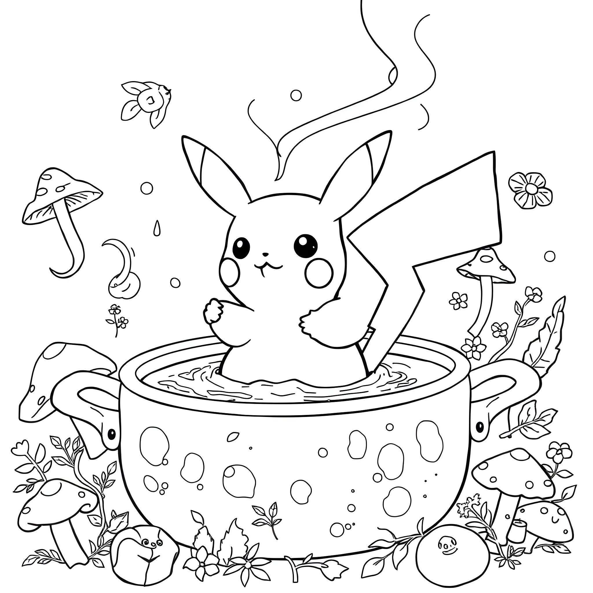 Pikachu relaxing in a magical mushroom bath Coloring Page (free black-and-white line drawing printable PDF for all, from beginners to advanced learners, including children, teens, adults, and seniors)