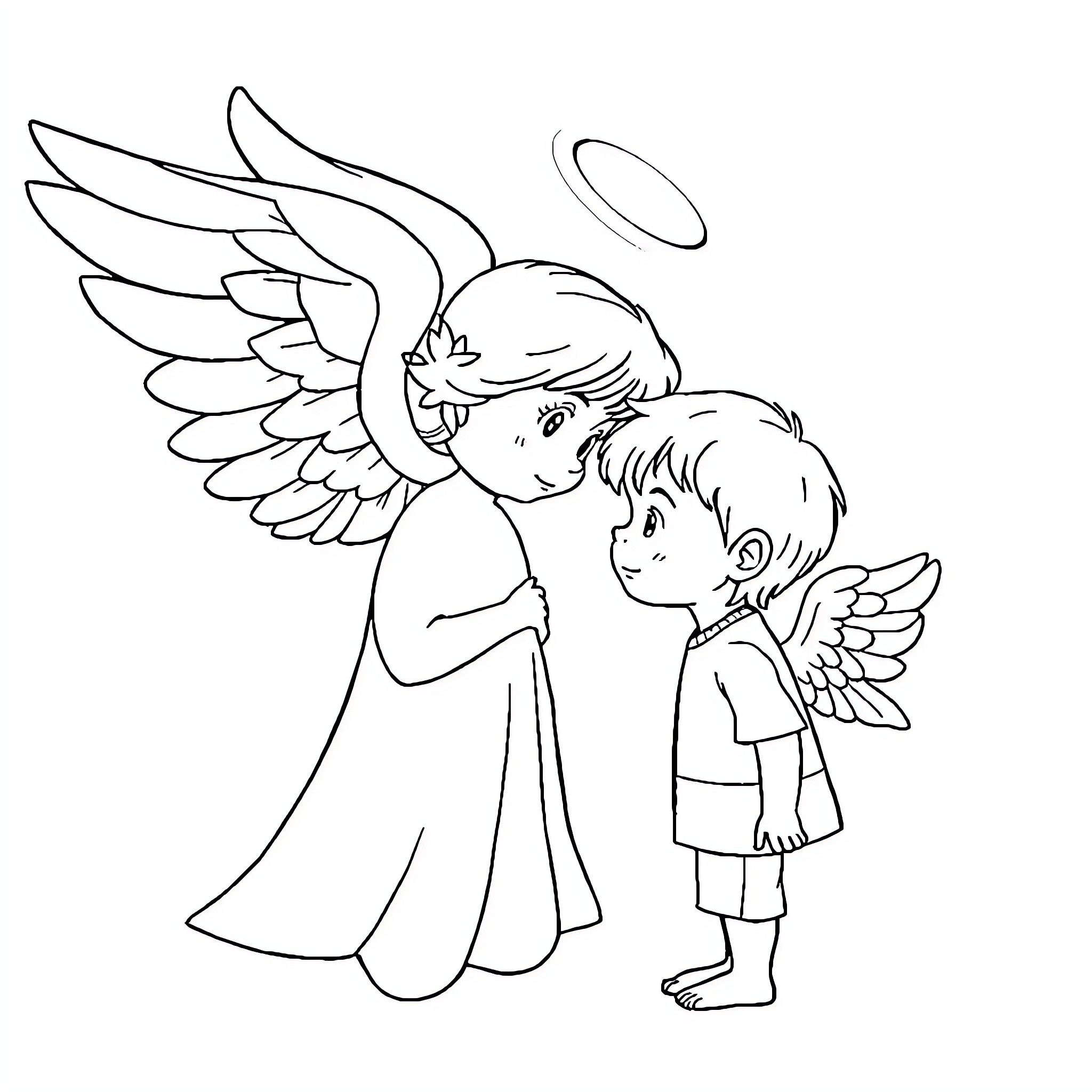 Angel guiding and comforting young child Coloring Page (free black-and-white line drawing printable PDF for all, from beginners to advanced learners, including children, teens, adults, and seniors)