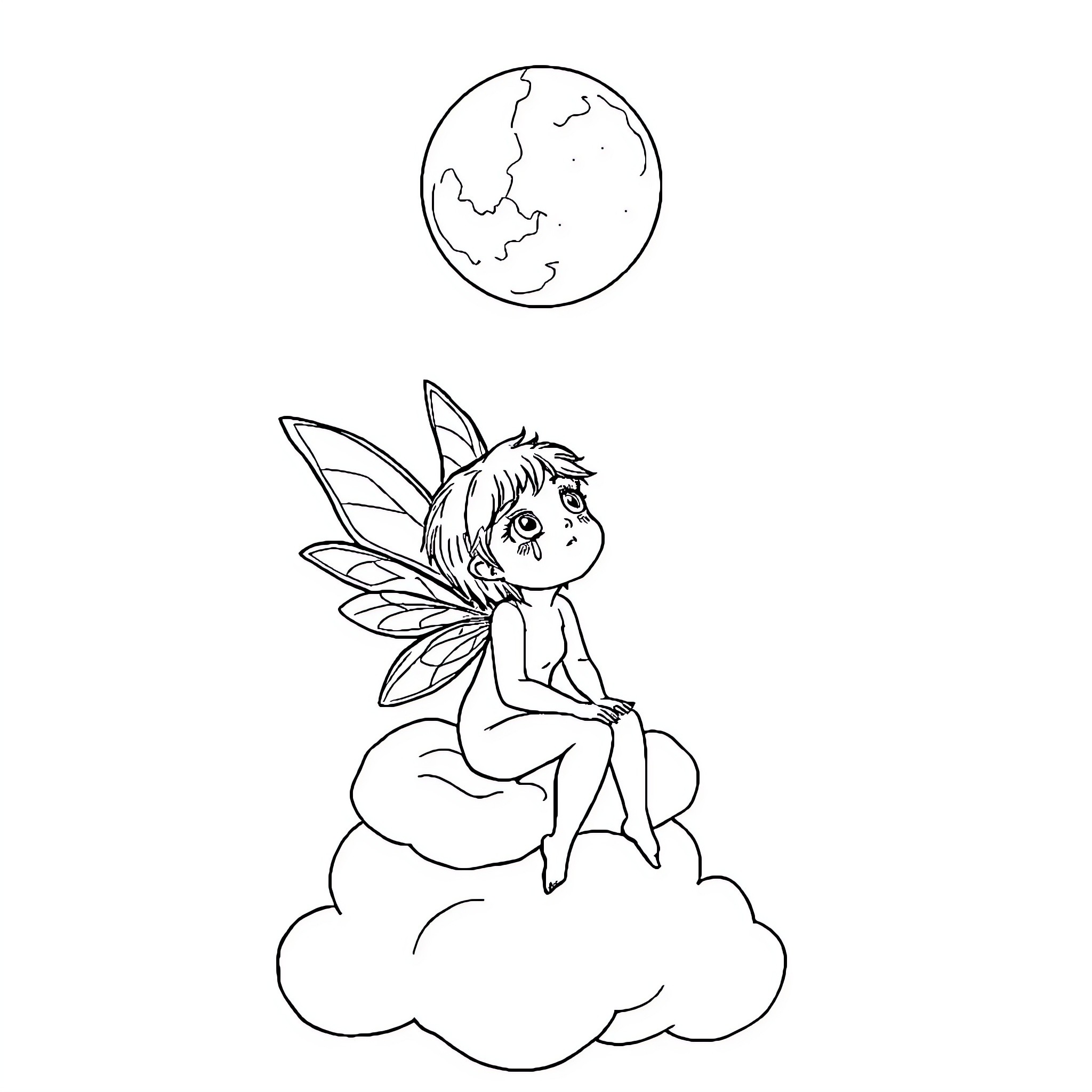 Fairy enjoying a peaceful moment in the clouds Coloring Page (free black-and-white line drawing printable PDF for all, from beginners to advanced learners, including children, teens, adults, and seniors)