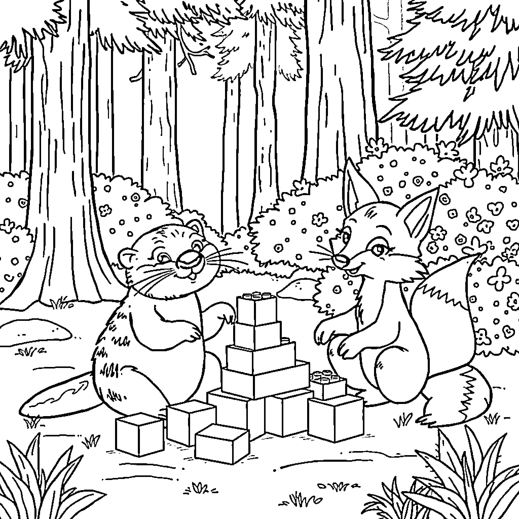Otter building a home with woodland friends Coloring Page (free black-and-white line drawing printable PDF for all, from beginners to advanced learners, including children, teens, adults, and seniors)