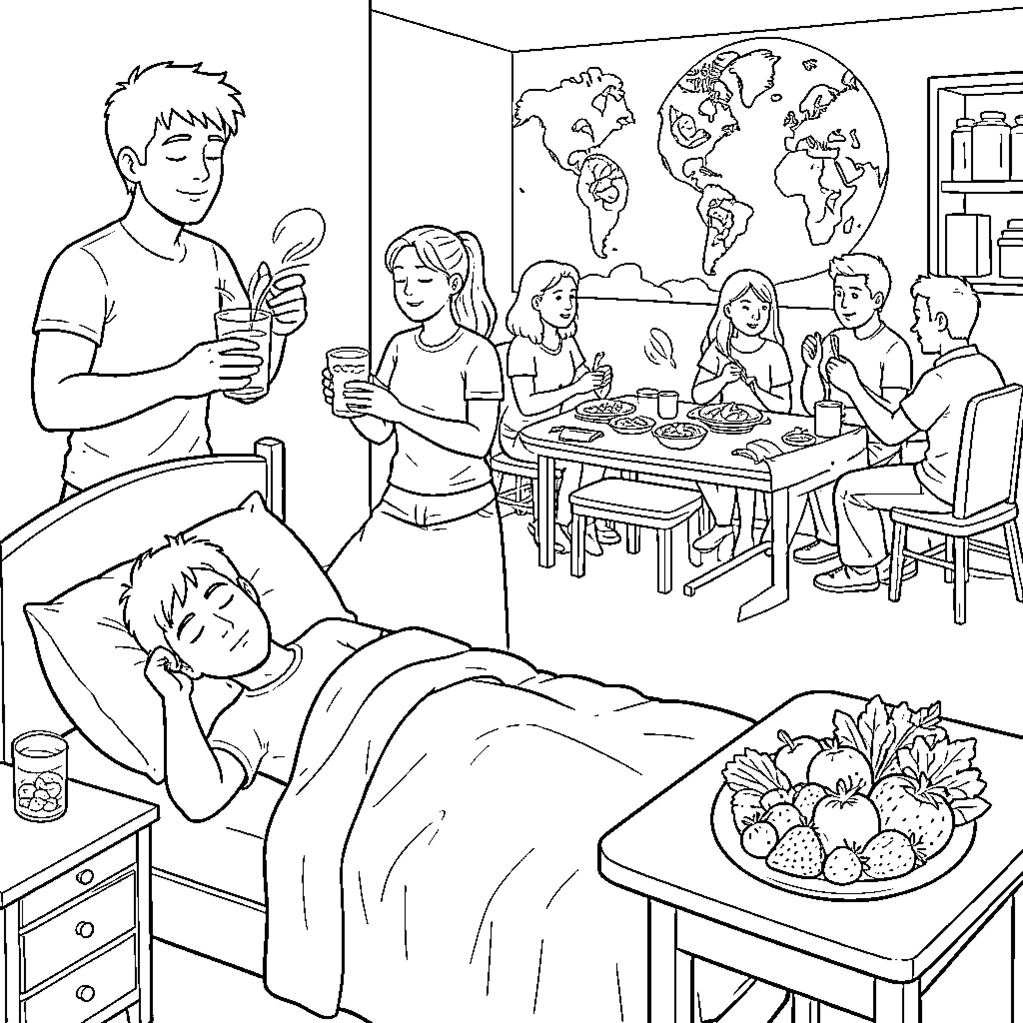 Chavo's Everyday Life: Family, Friendship, and Global Awareness Coloring Page (free black-and-white line drawing printable PDF for all, from beginners to advanced learners, including children, teens, adults, and seniors)