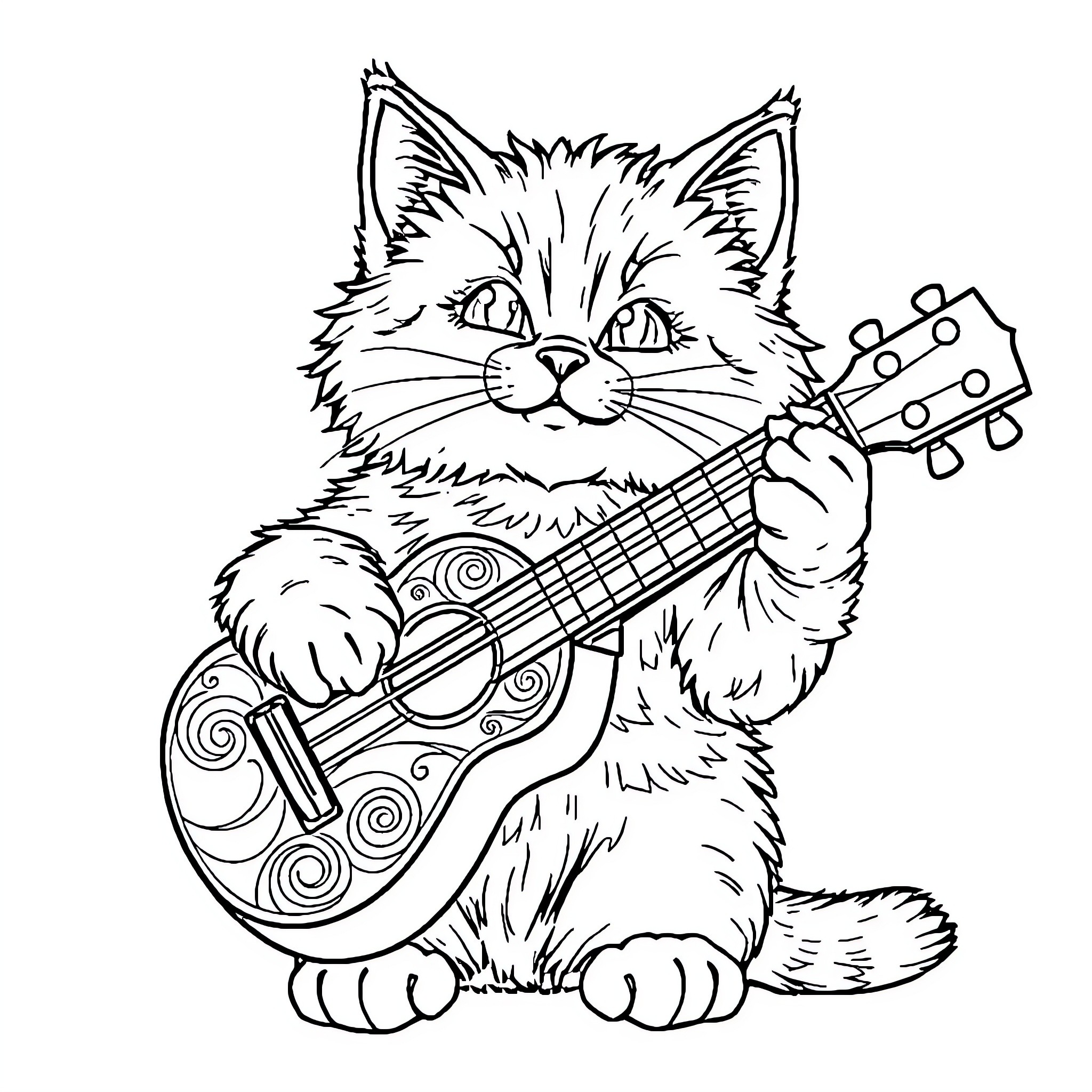 Cat playing guitar with swirls Coloring Page (free black-and-white line drawing printable PDF for all, from beginners to advanced learners, including children, teens, adults, and seniors)