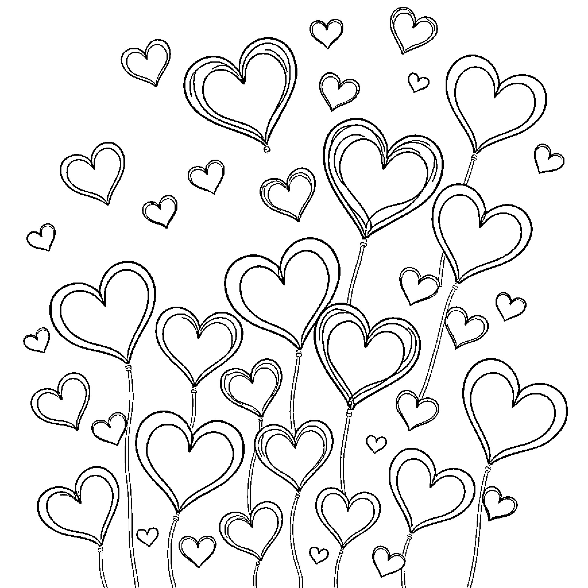 Heart-shaped Abstract Designs in Monochrome Coloring Page (free black-and-white line drawing printable PDF for all, from beginners to advanced learners, including children, teens, adults, and seniors)