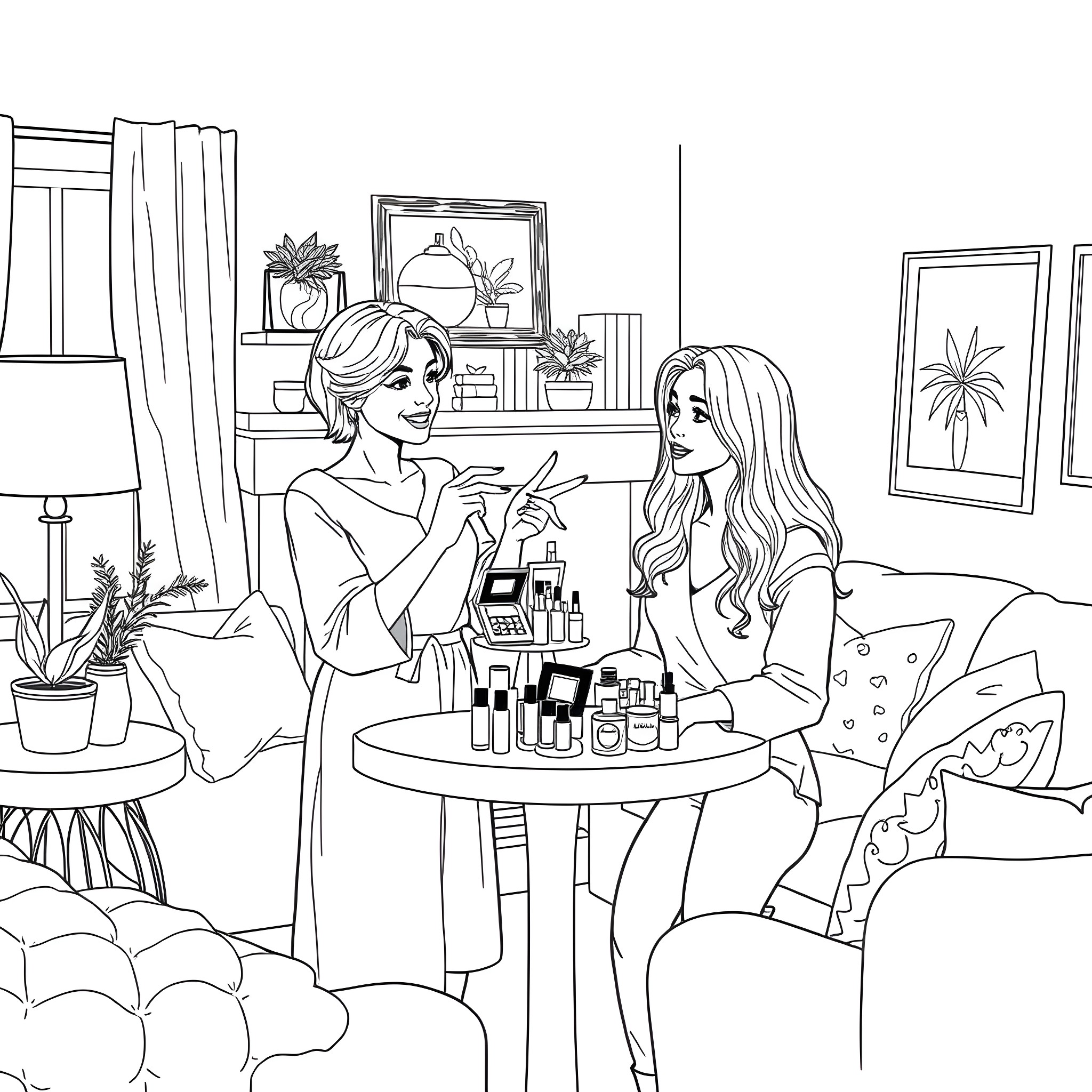 Woman talking with friend in cozy living room Coloring Page (free black-and-white line drawing printable PDF for all, from beginners to advanced learners, including children, teens, adults, and seniors)