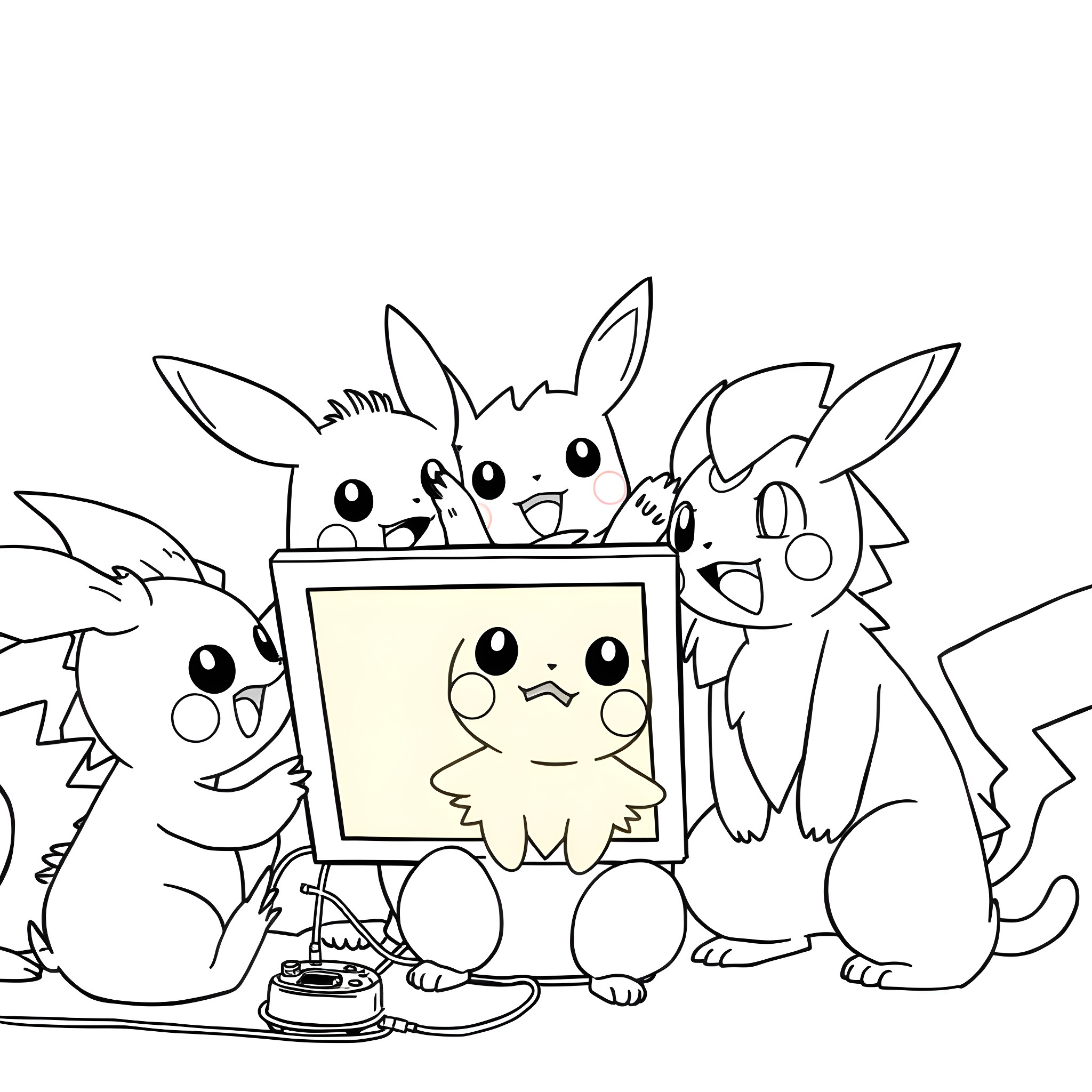 Pokémon characters playing with a computer Coloring Page (free black-and-white line drawing printable PDF for all, from beginners to advanced learners, including children, teens, adults, and seniors)