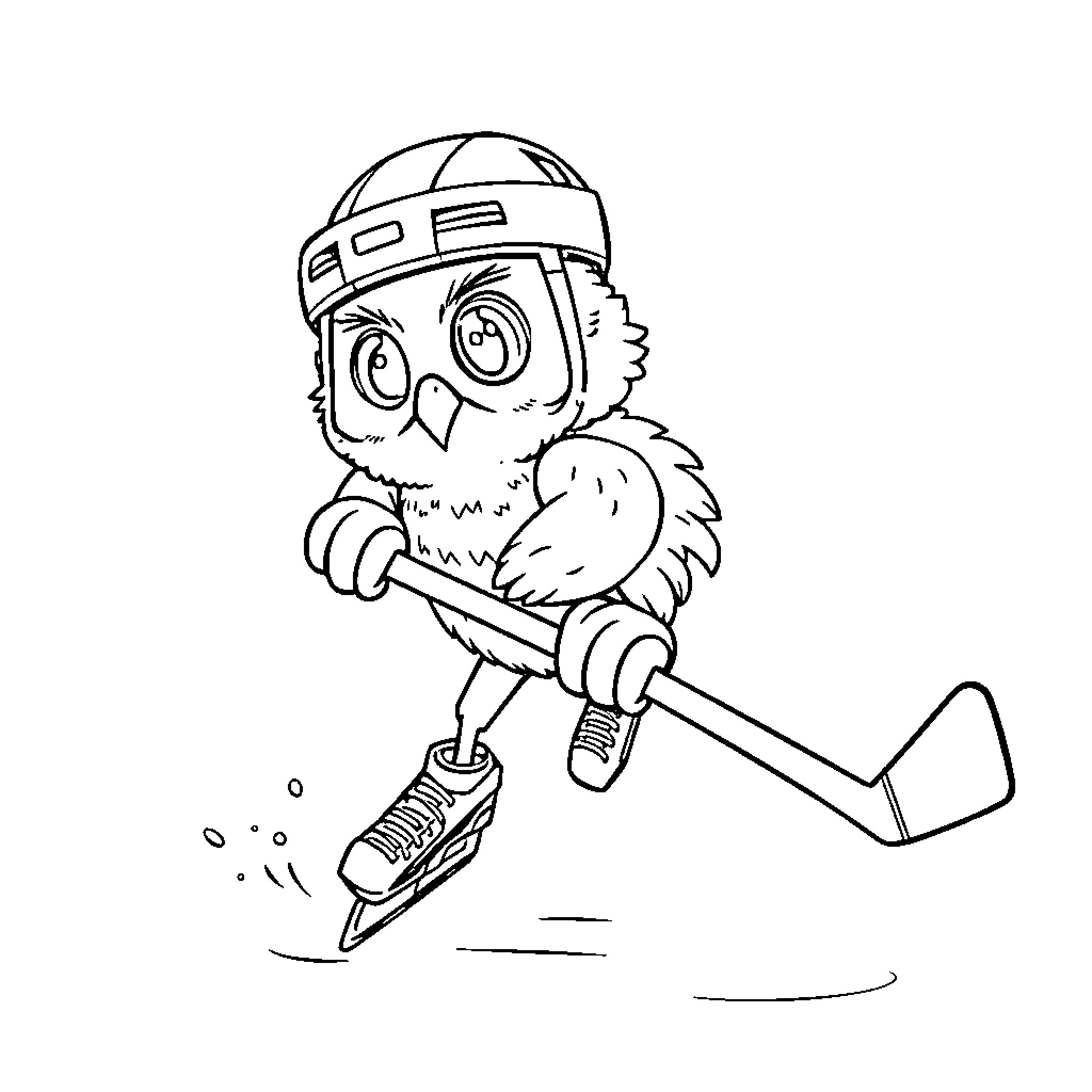 Owl playing hockey with enthusiasm Coloring Page (free black-and-white line drawing printable PDF for all, from beginners to advanced learners, including children, teens, adults, and seniors)