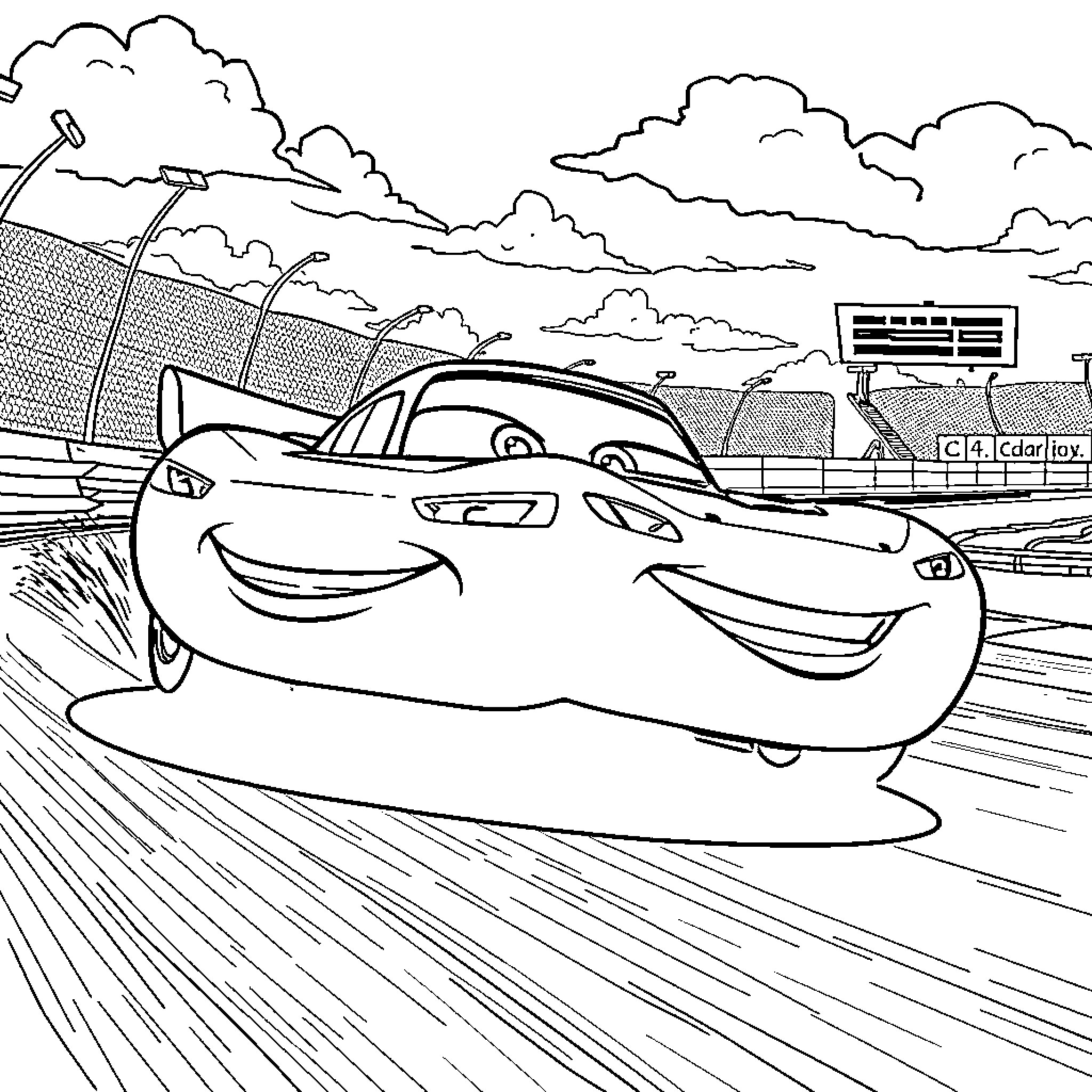 Lightning McQueen racing on the track with clouds Coloring Page (free black-and-white line drawing printable PDF for all, from beginners to advanced learners, including children, teens, adults, and seniors)
