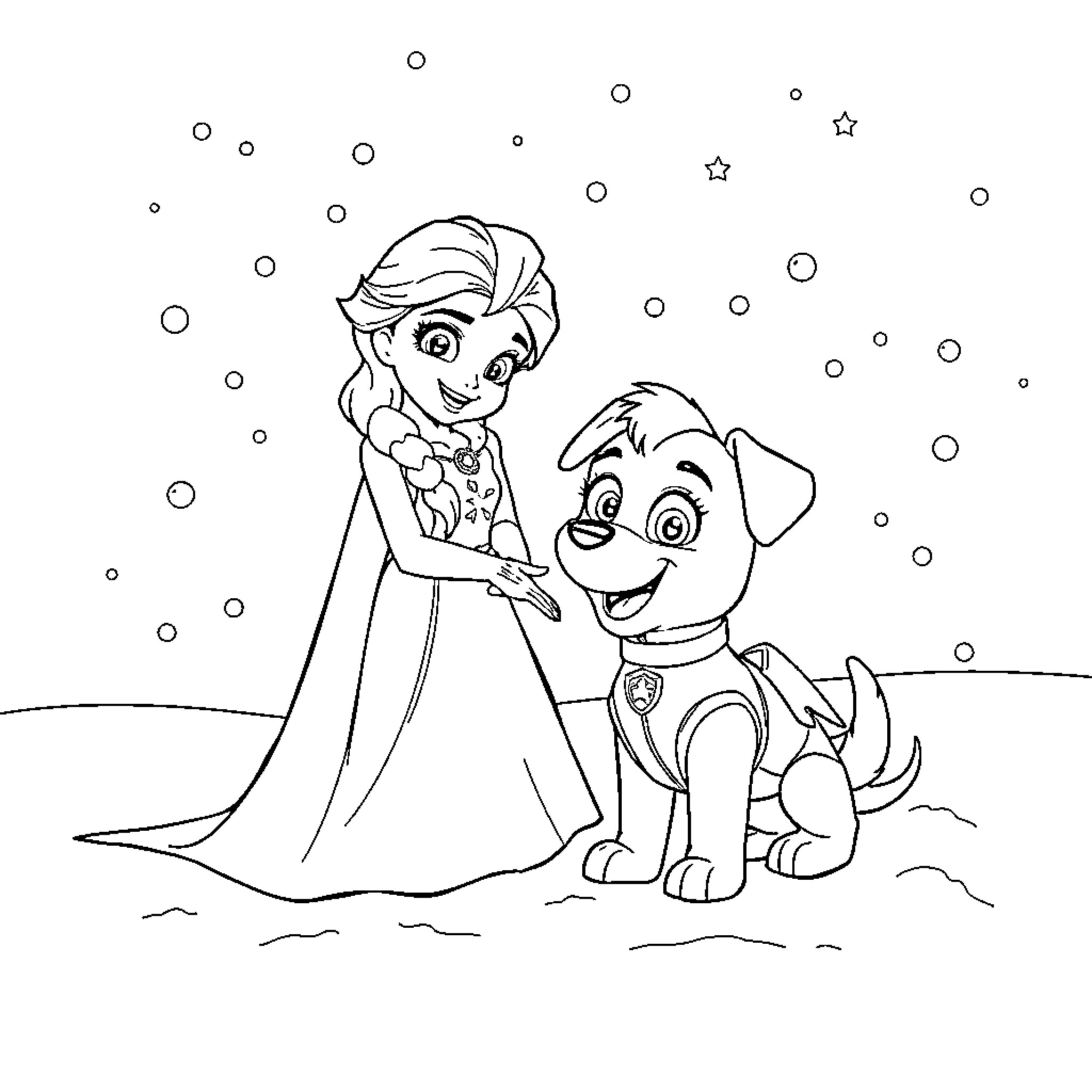 Elsa and her puppy friend in the snow Coloring Page (free black-and-white line drawing printable PDF for all, from beginners to advanced learners, including children, teens, adults, and seniors)