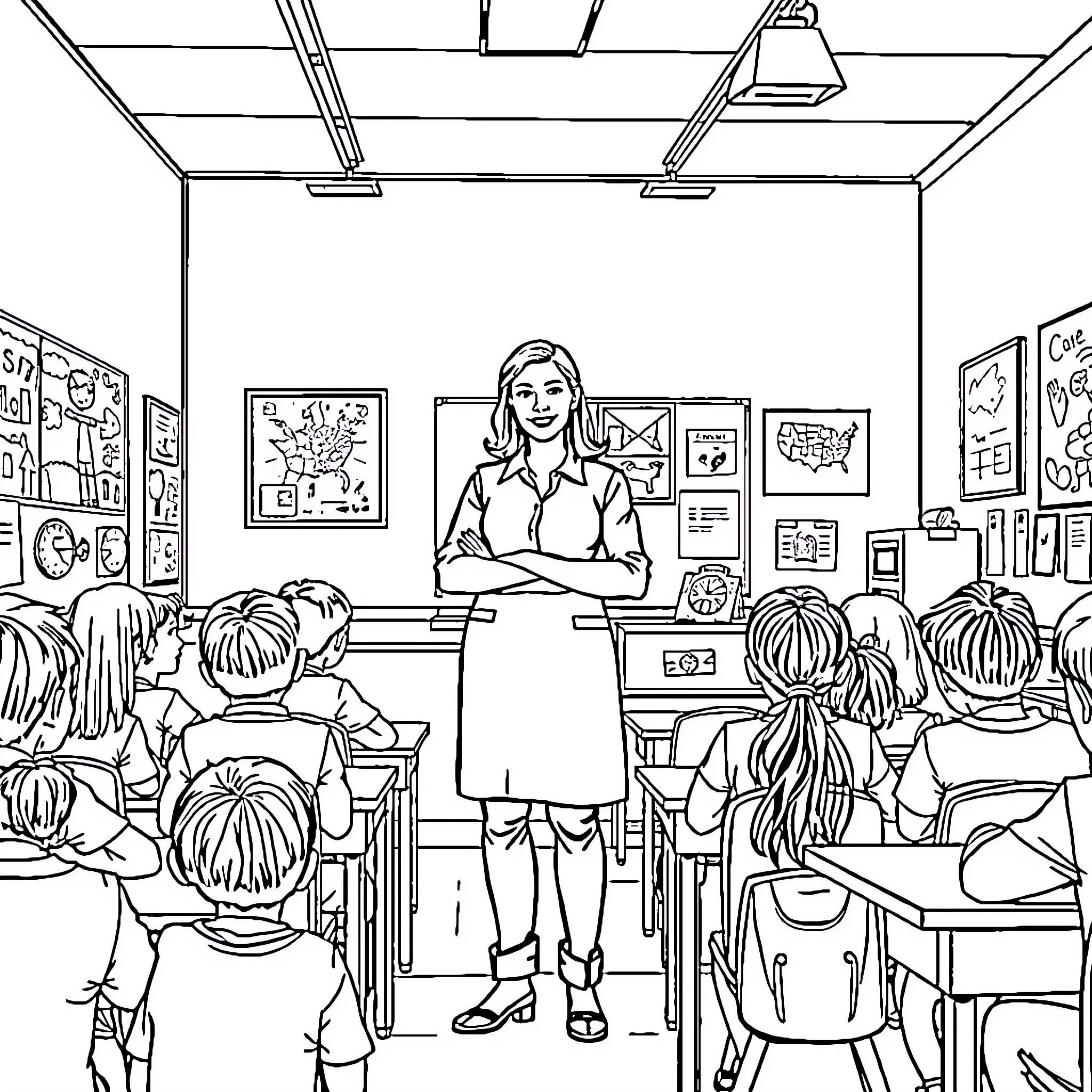 Teacher standing confidently in front of classroom Coloring Page (free black-and-white line drawing printable PDF for all, from beginners to advanced learners, including children, teens, adults, and seniors)