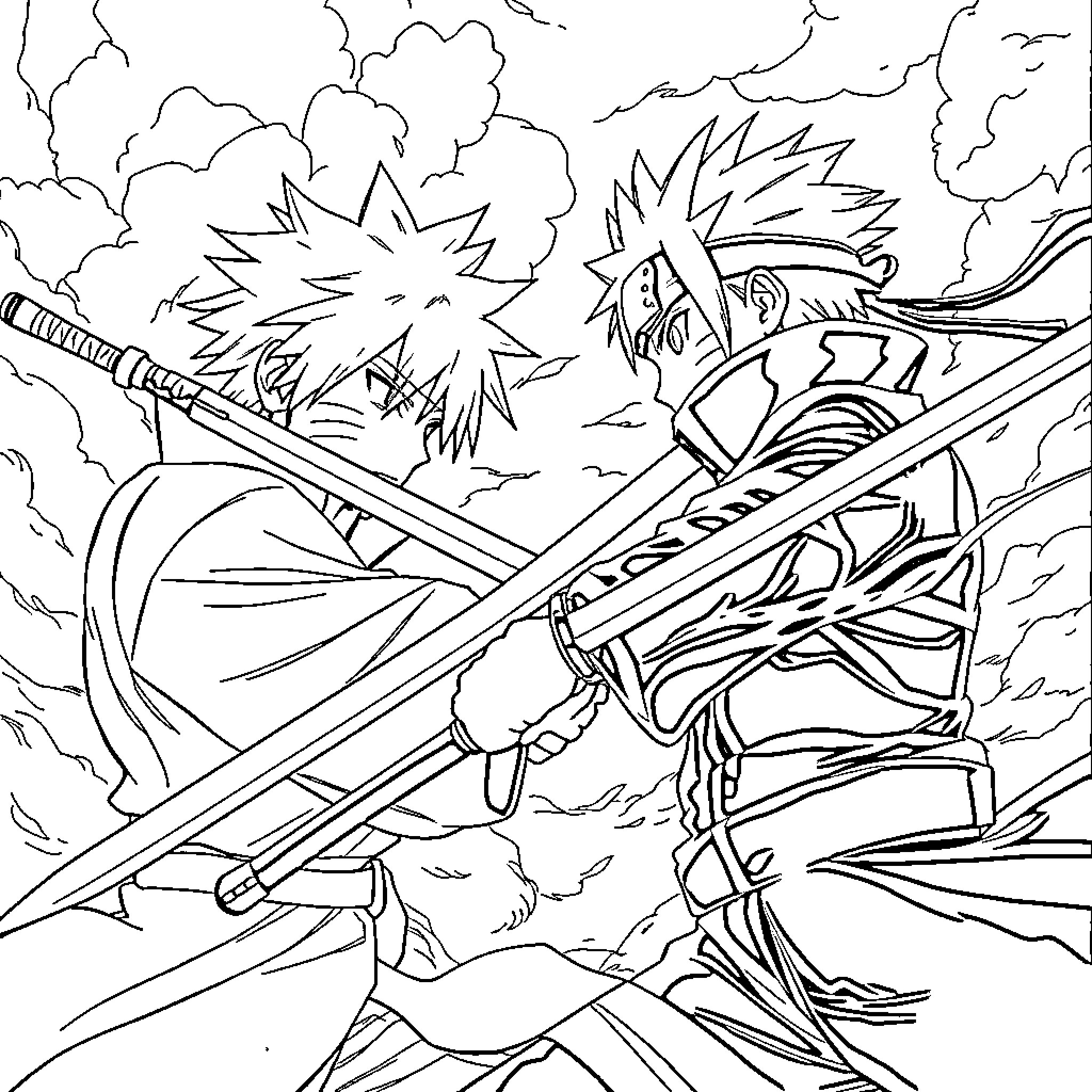 Ichigo's Fierce Battle in the Clouds Coloring Page (free black-and-white line drawing printable PDF for all, from beginners to advanced learners, including children, teens, adults, and seniors)