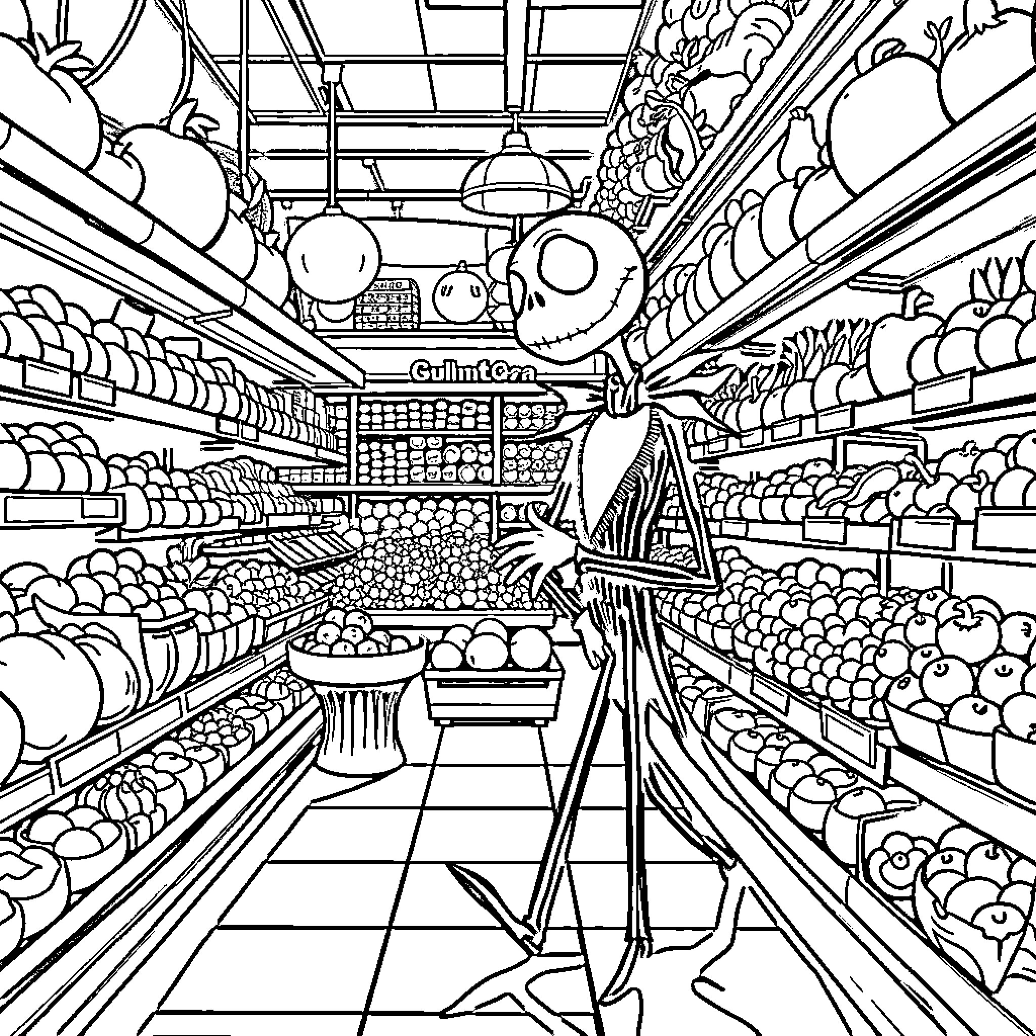 Jack Skellington wanders through a surreal grocery store Coloring Page (free black-and-white line drawing printable PDF for all, from beginners to advanced learners, including children, teens, adults, and seniors)