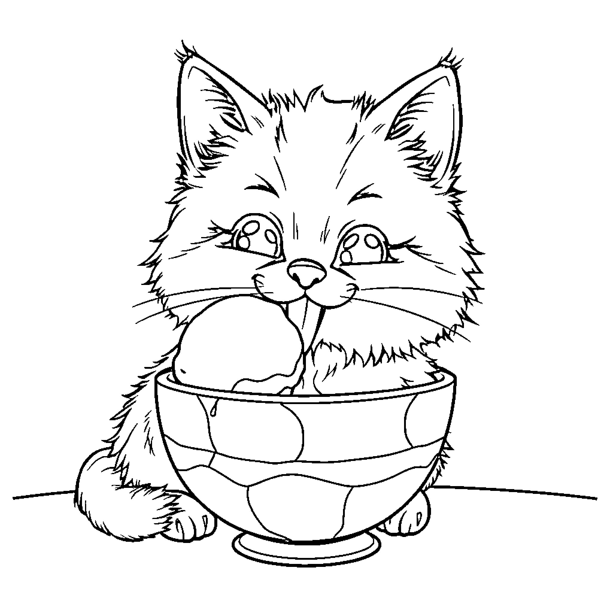 Cat enjoying cozy meal in bowl Coloring Page (free black-and-white line drawing printable PDF for all, from beginners to advanced learners, including children, teens, adults, and seniors)