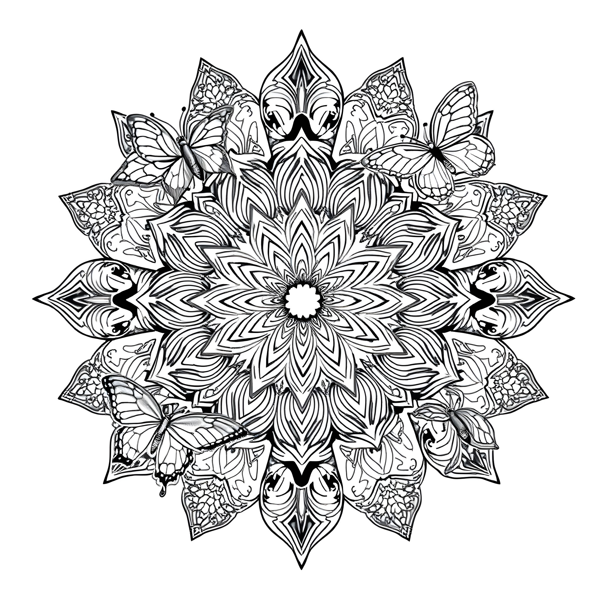 Mandala with intricate floral patterns and butterflies Coloring Page (free black-and-white line drawing printable PDF for all, from beginners to advanced learners, including children, teens, adults, and seniors)
