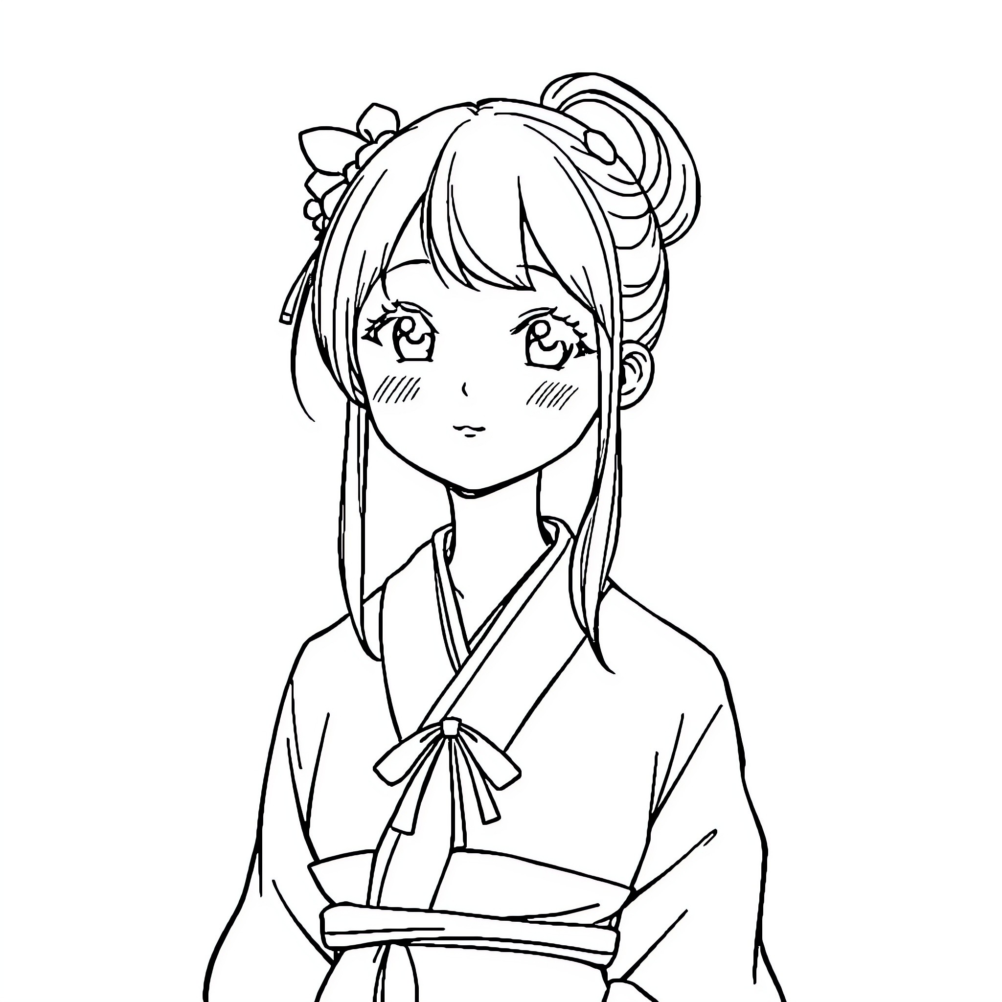 Girl in Japanese-style kimono with bun hairstyle Coloring Page (free black-and-white line drawing printable PDF for all, from beginners to advanced learners, including children, teens, adults, and seniors)