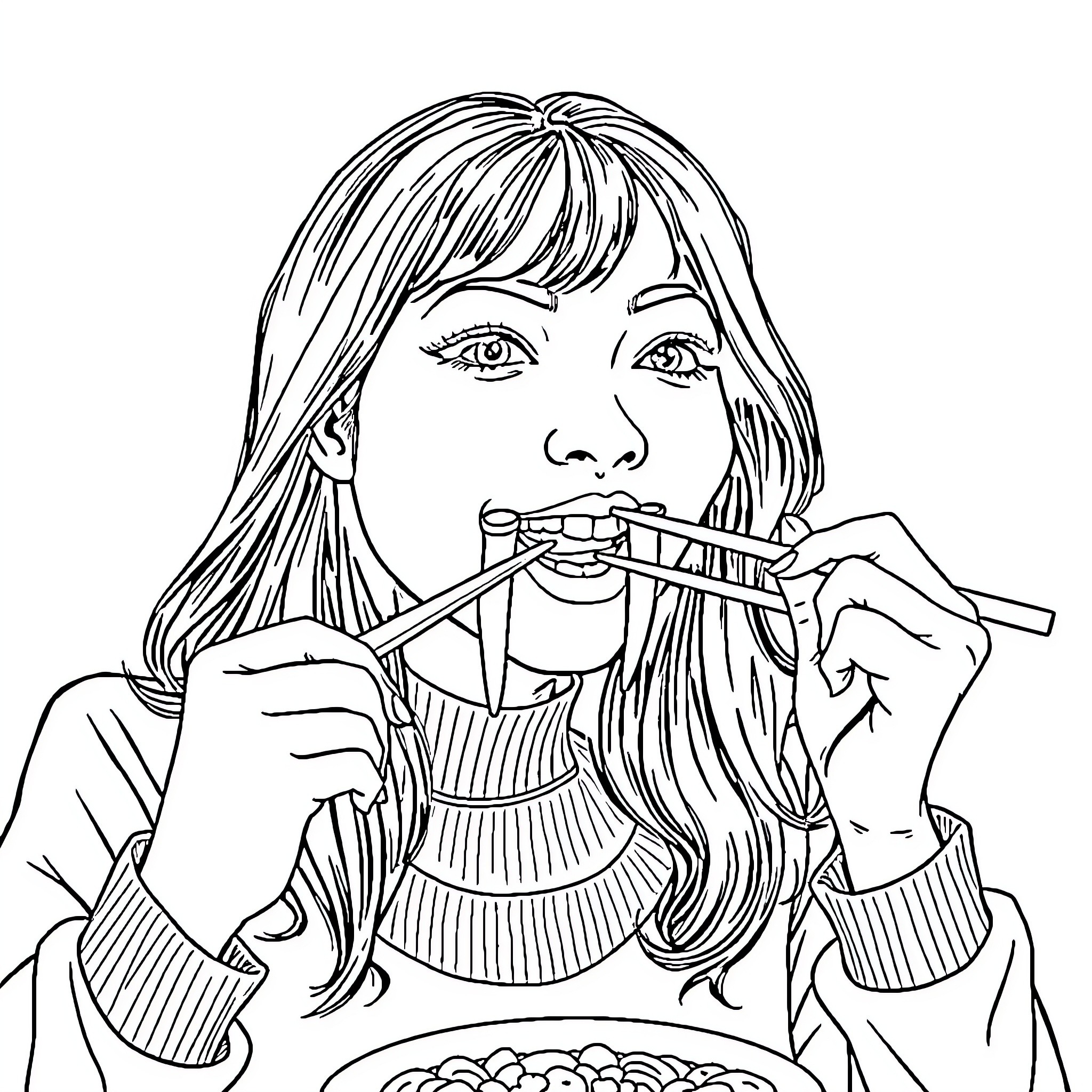 Woman intently applying makeup Coloring Page (free black-and-white line drawing printable PDF for all, from beginners to advanced learners, including children, teens, adults, and seniors)
