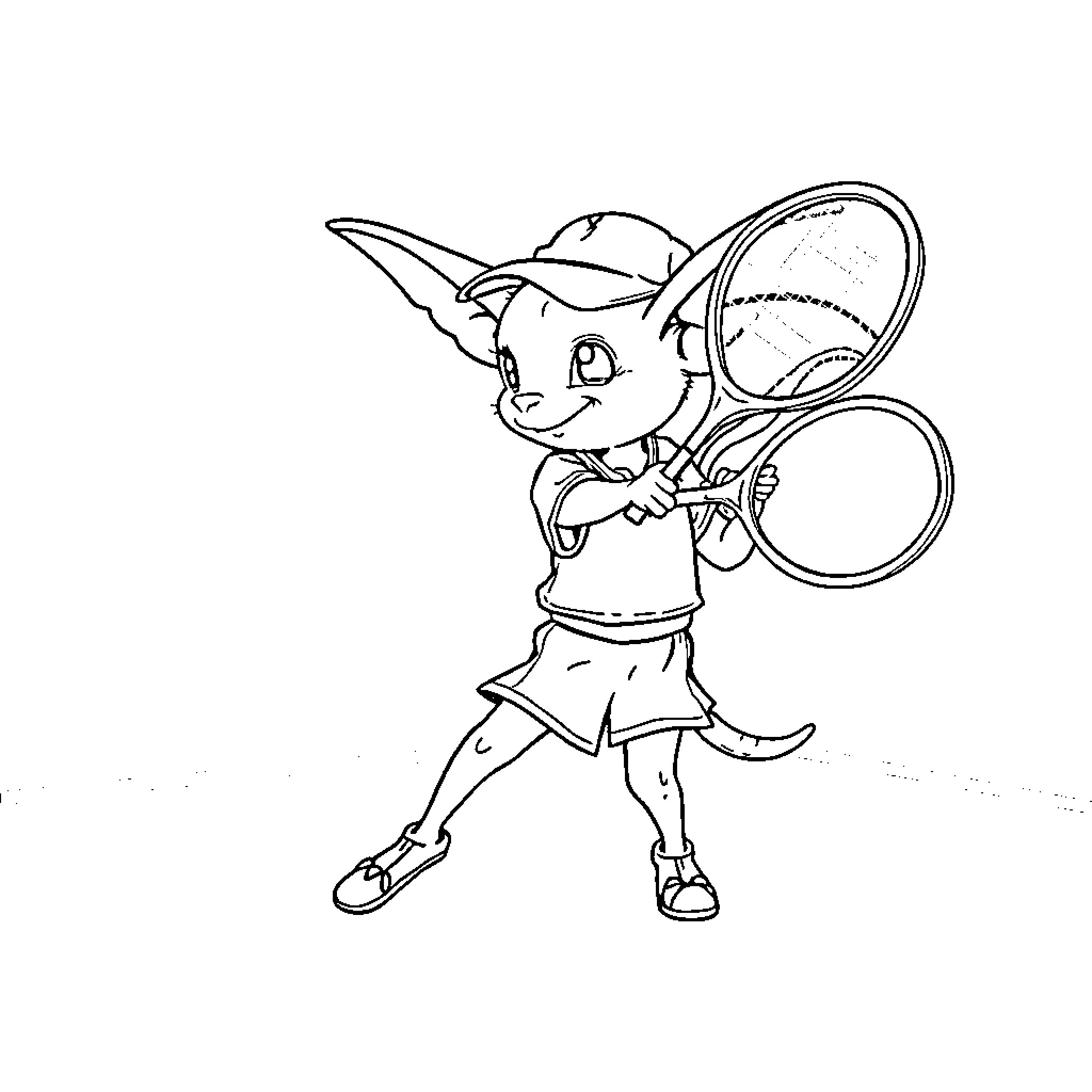 Bat playing with a tennis racket Coloring Page (free black-and-white line drawing printable PDF for all, from beginners to advanced learners, including children, teens, adults, and seniors)
