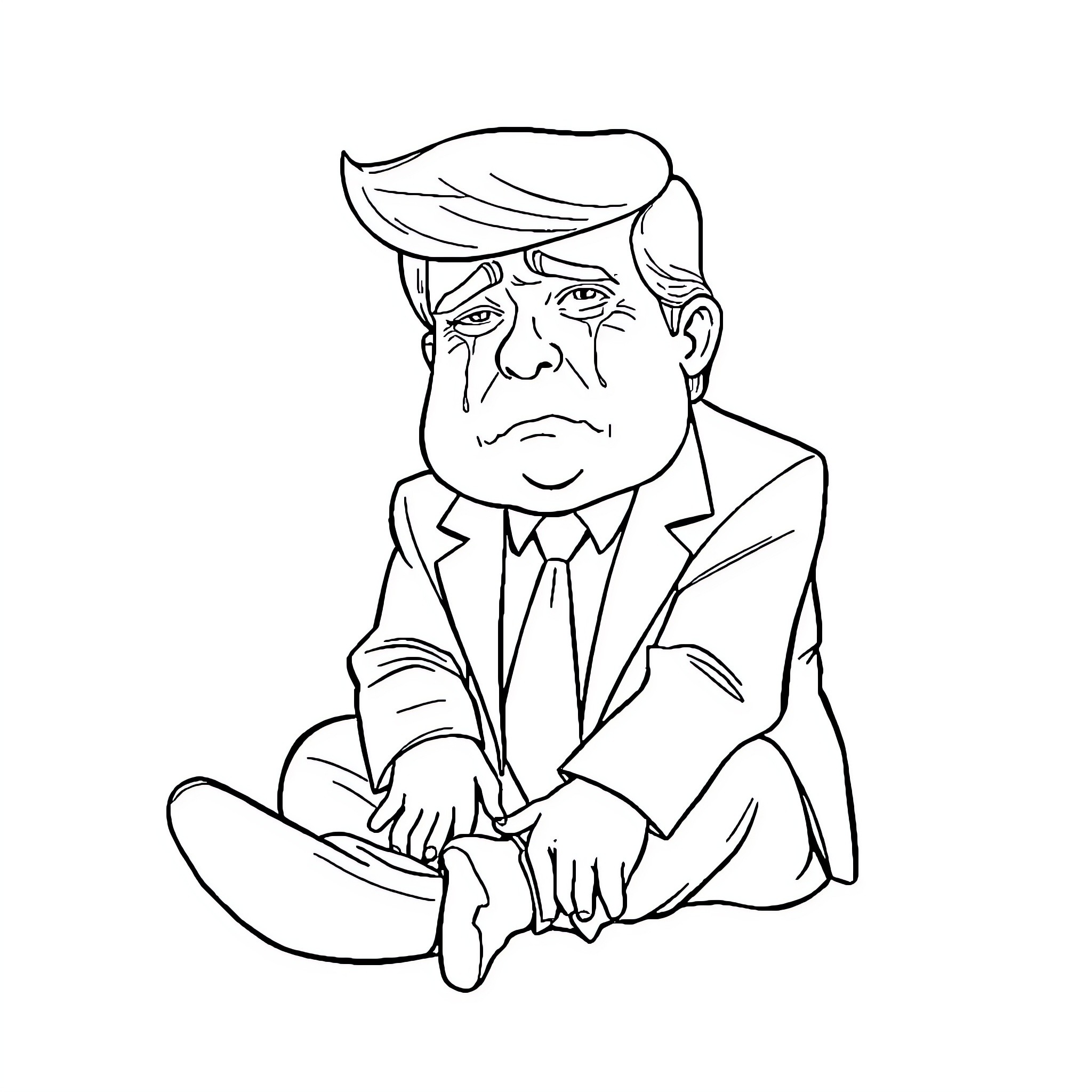 Donald Trump sitting pensively in a suit Coloring Page (free black-and-white line drawing printable PDF for all, from beginners to advanced learners, including children, teens, adults, and seniors)