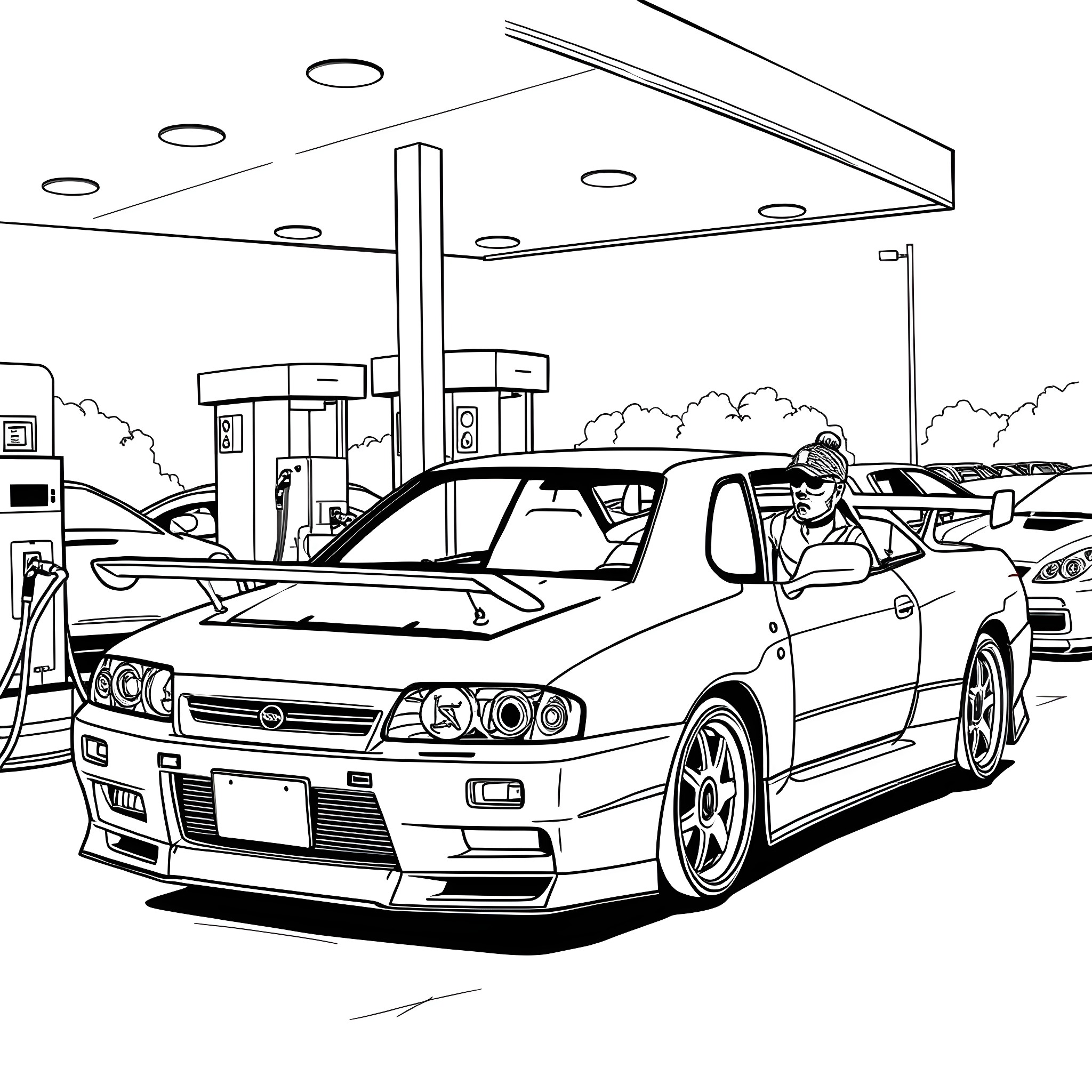 Nissan sports car at the gas station Coloring Page (free black-and-white line drawing printable PDF for all, from beginners to advanced learners, including children, teens, adults, and seniors)