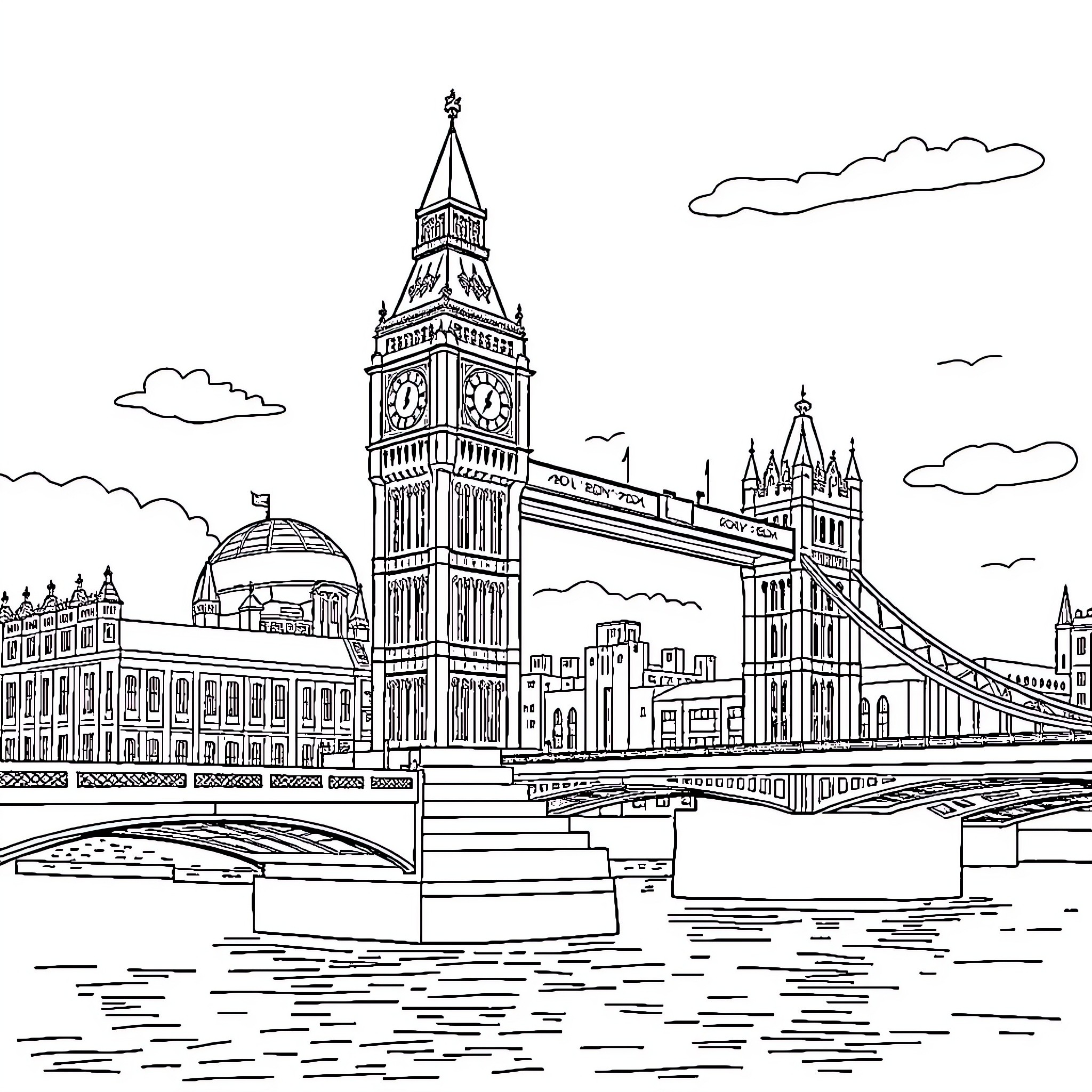 Big Ben and iconic London landmarks in black and white Coloring Page (free black-and-white line drawing printable PDF for all, from beginners to advanced learners, including children, teens, adults, and seniors)