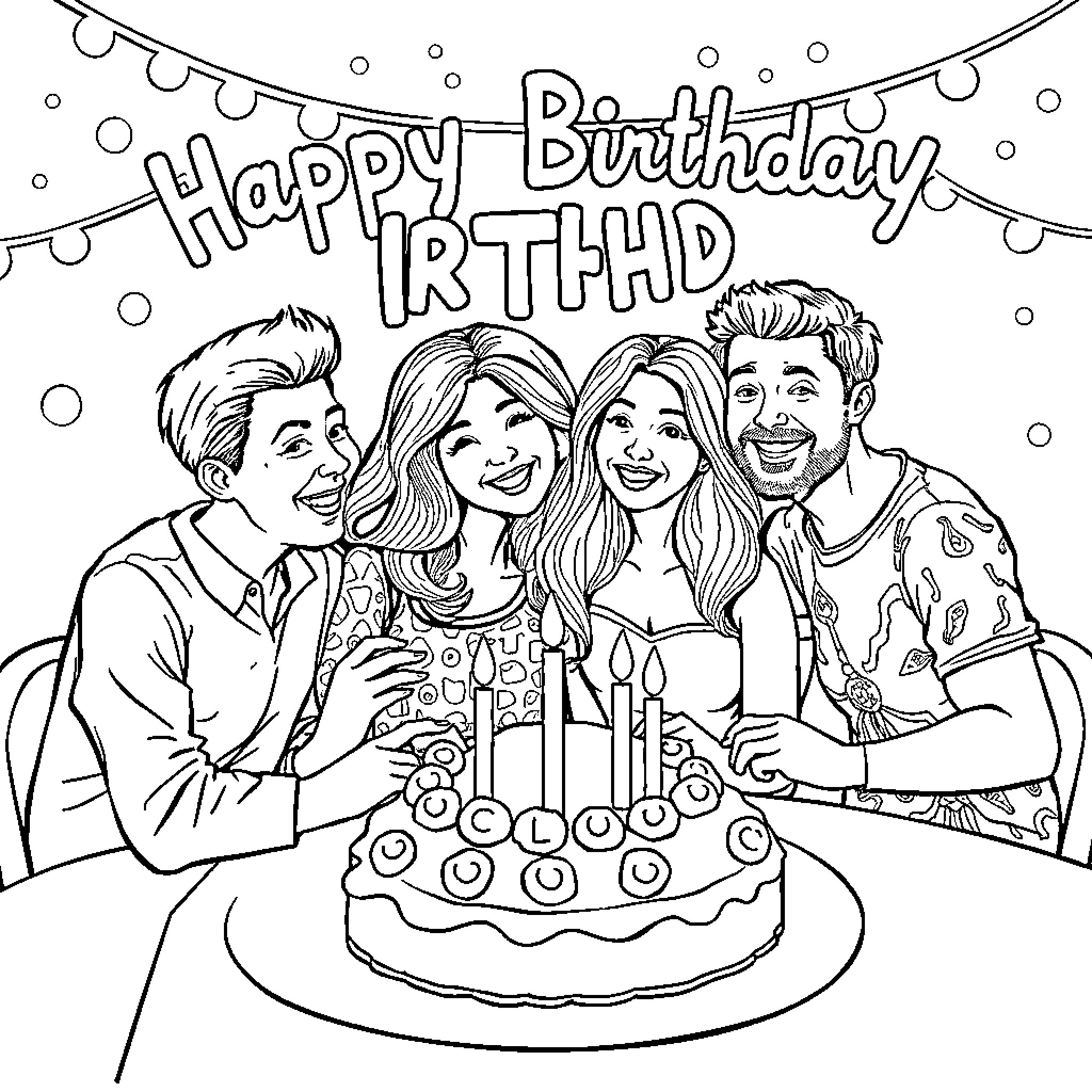 Bluey's Family Celebrates Birthday Coloring Page (free black-and-white line drawing printable PDF for all, from beginners to advanced learners, including children, teens, adults, and seniors)