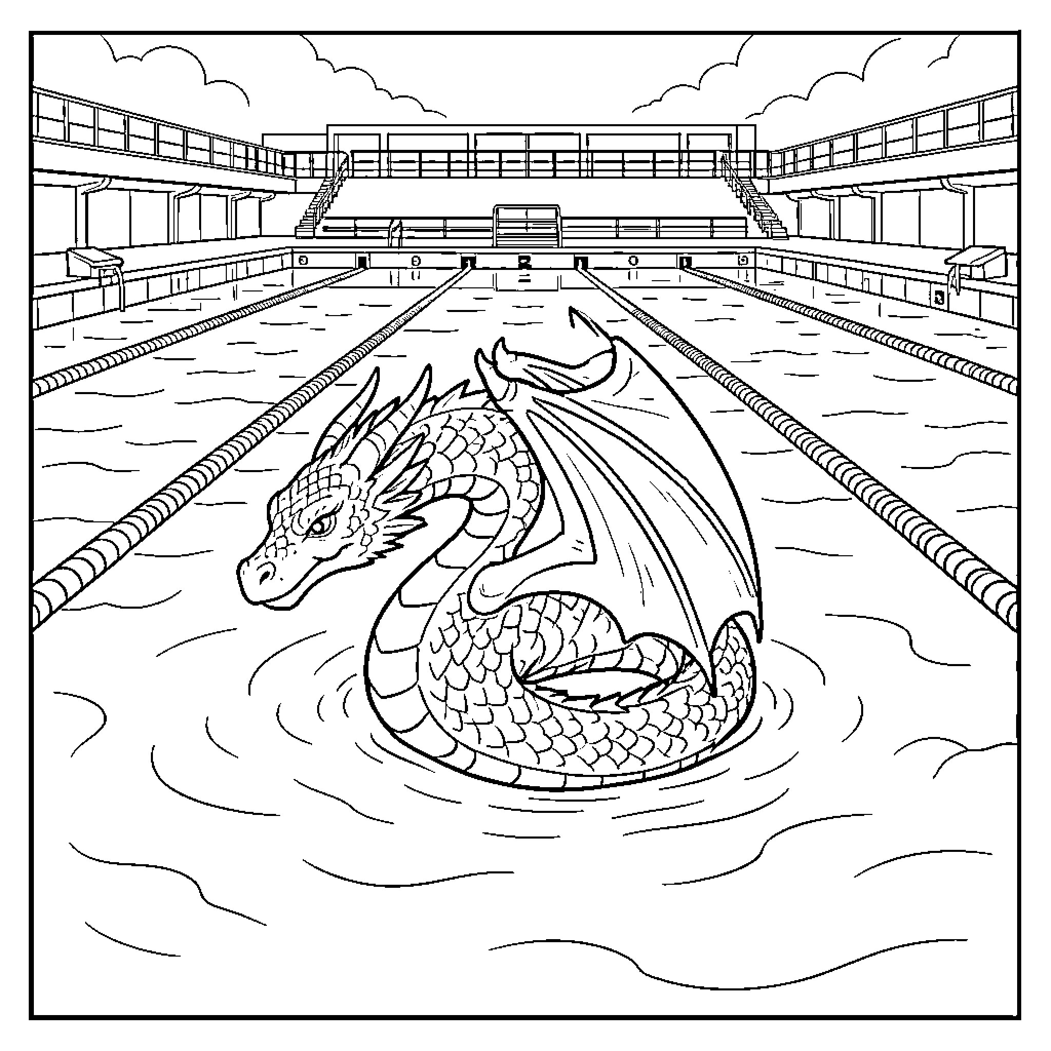 Dragon swimming peacefully in an indoor pool Coloring Page (free black-and-white line drawing printable PDF for all, from beginners to advanced learners, including children, teens, adults, and seniors)