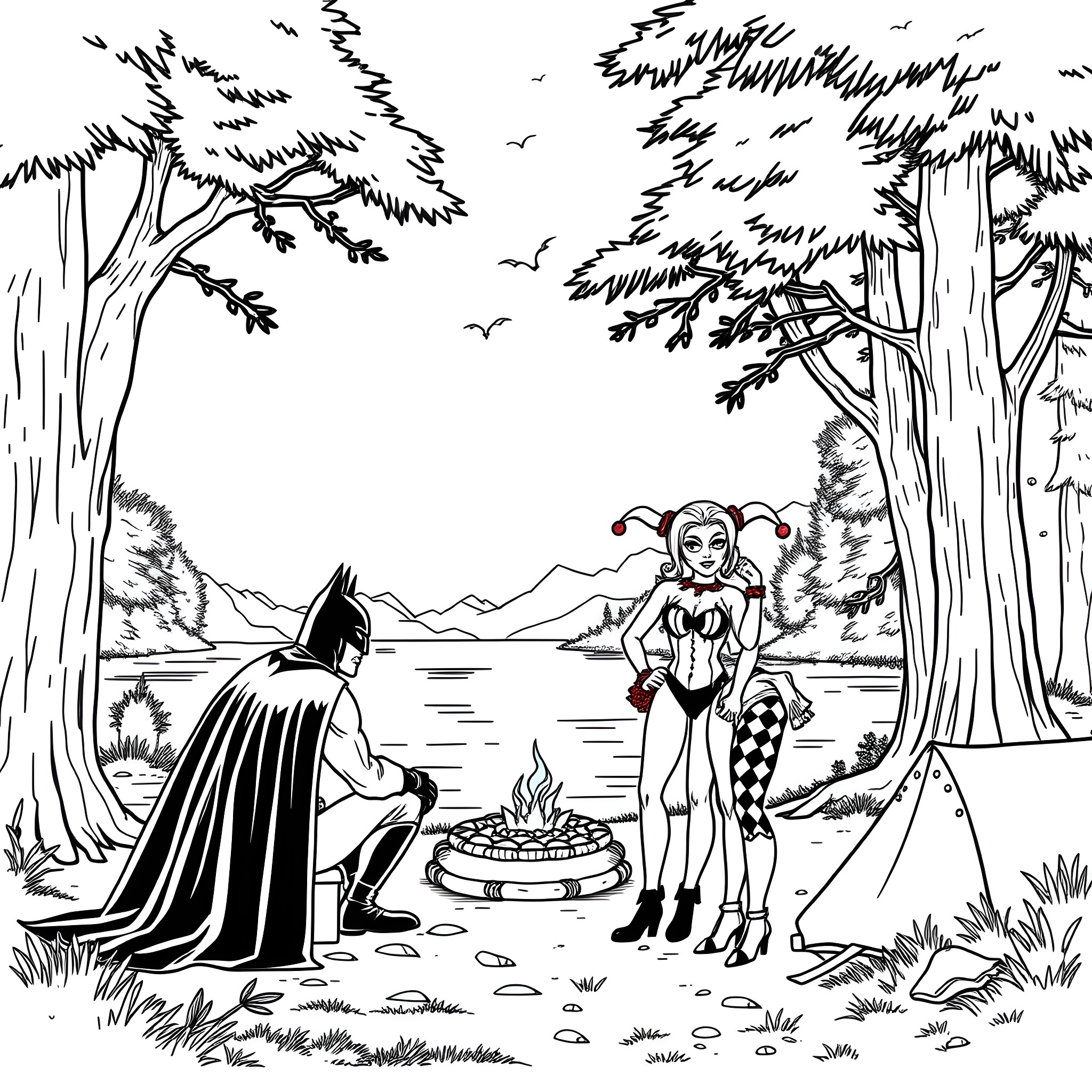 Joker and Harley Quinn by the Campfire Coloring Page (free black-and-white line drawing printable PDF for all, from beginners to advanced learners, including children, teens, adults, and seniors)