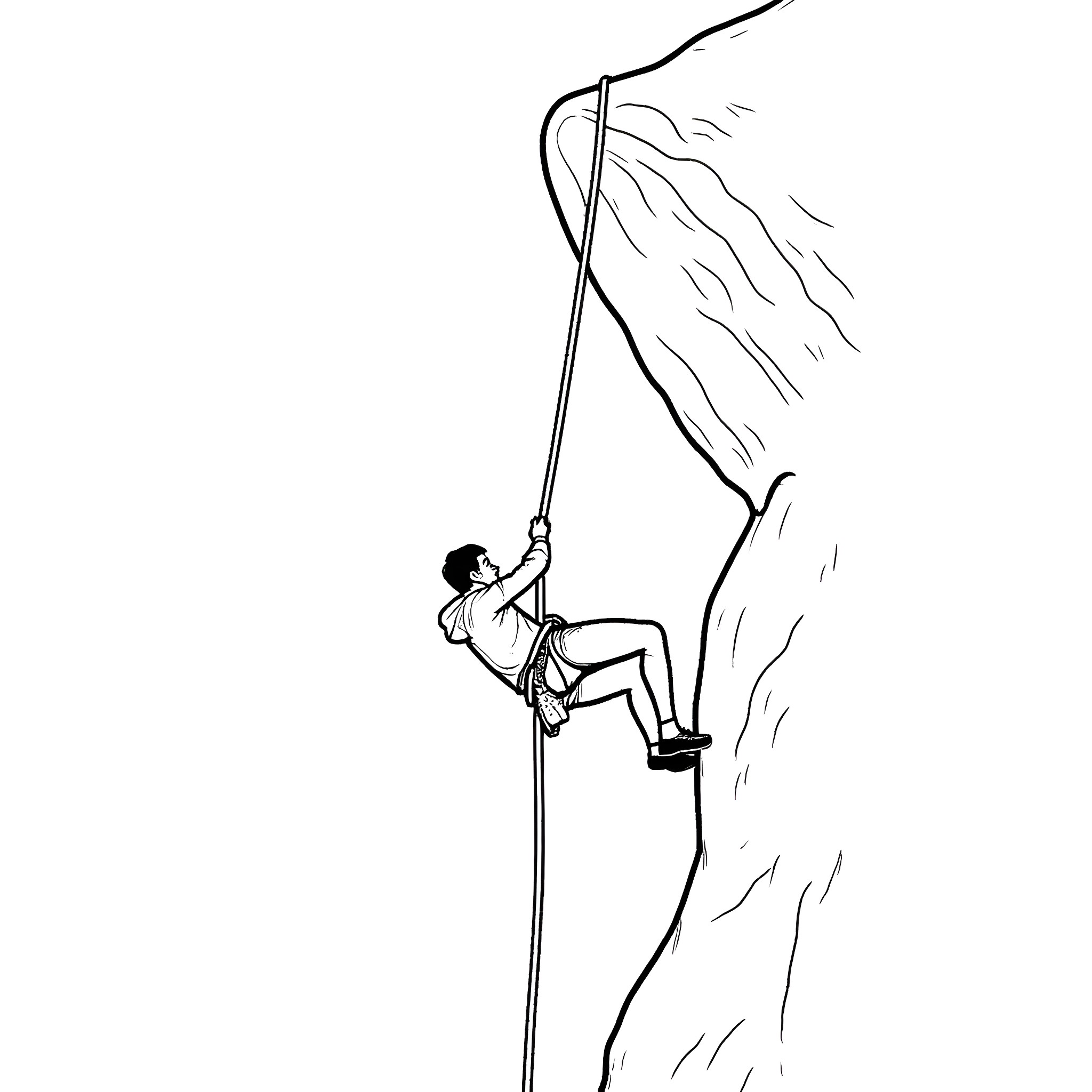 Rock Climber Scaling Rugged Cliff Face Coloring Page (free black-and-white line drawing printable PDF for all, from beginners to advanced learners, including children, teens, adults, and seniors)