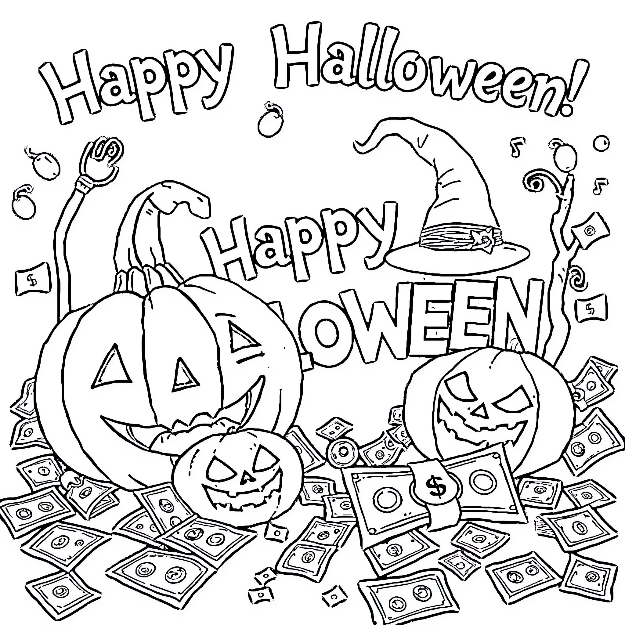 Halloween Pumpkins and Treasures Coloring Page (free black-and-white line drawing printable PDF for all, from beginners to advanced learners, including children, teens, adults, and seniors)