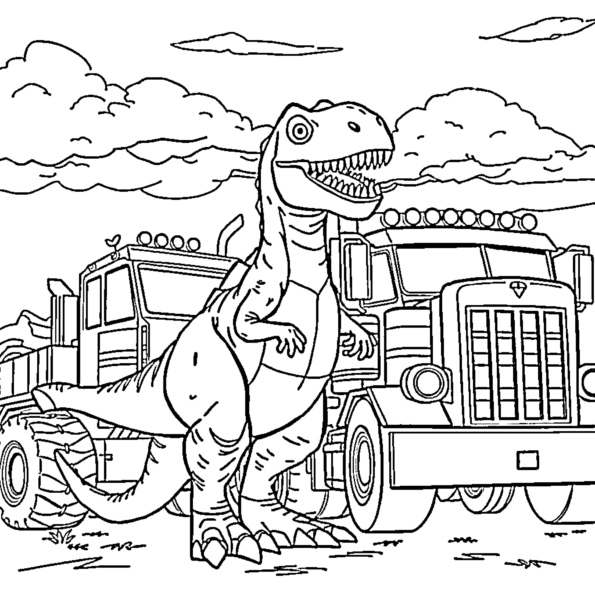 Dinoster stomps through construction site with trucks Coloring Page (free black-and-white line drawing printable PDF for all, from beginners to advanced learners, including children, teens, adults, and seniors)