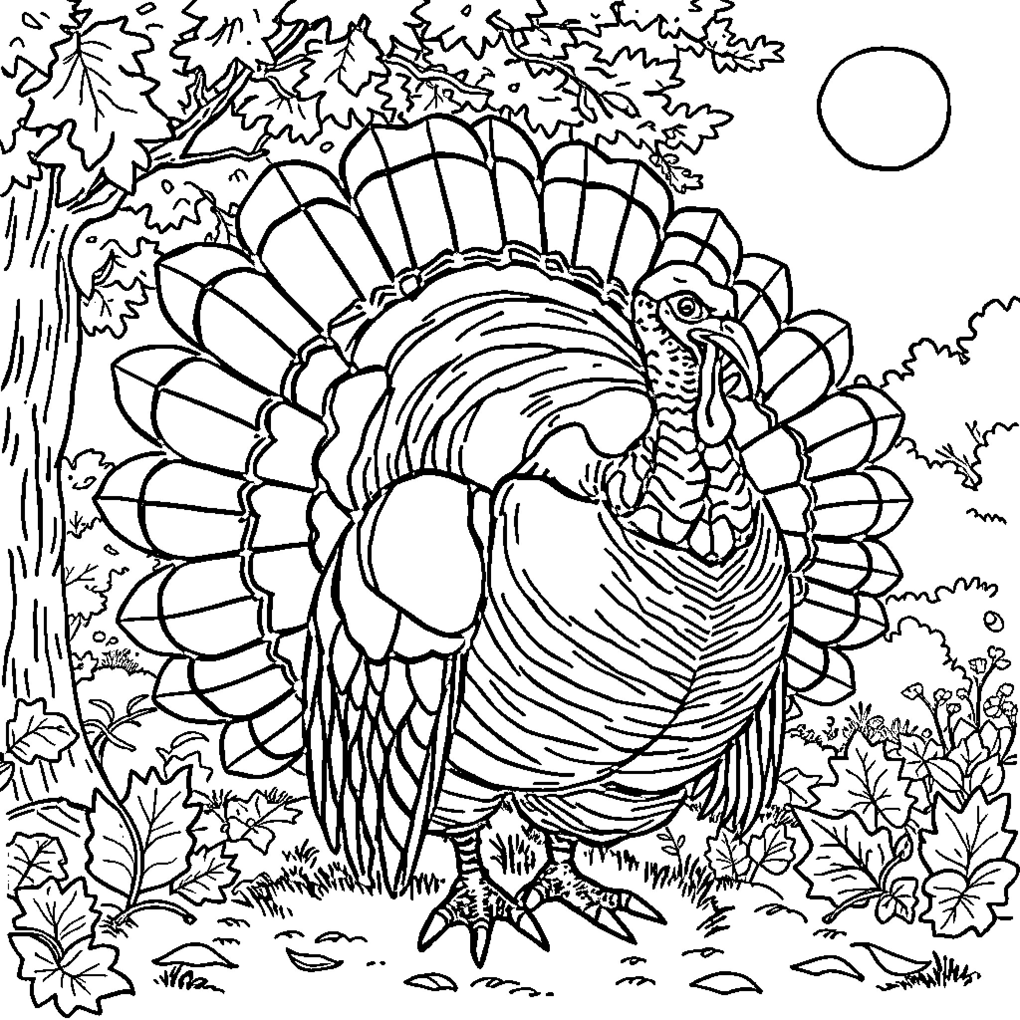 Turkey in a Colorful Autumn Landscape Coloring Page (free black-and-white line drawing printable PDF for all, from beginners to advanced learners, including children, teens, adults, and seniors)