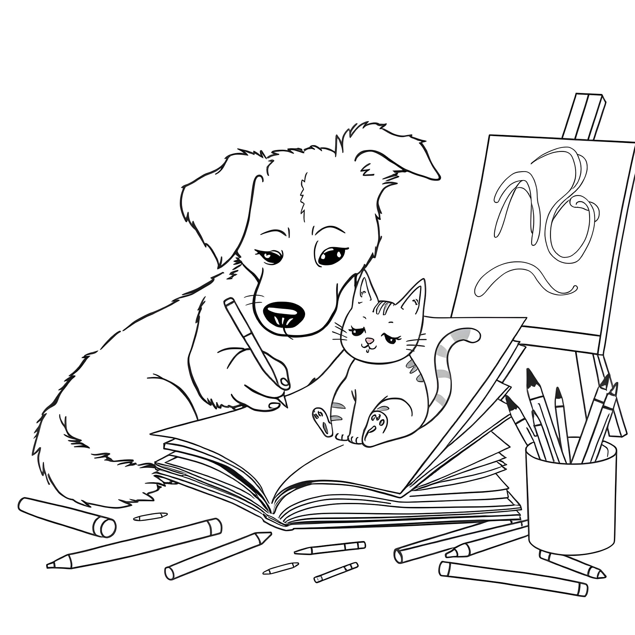 Dog and cat enjoying art supplies and book Coloring Page (free black-and-white line drawing printable PDF for all, from beginners to advanced learners, including children, teens, adults, and seniors)