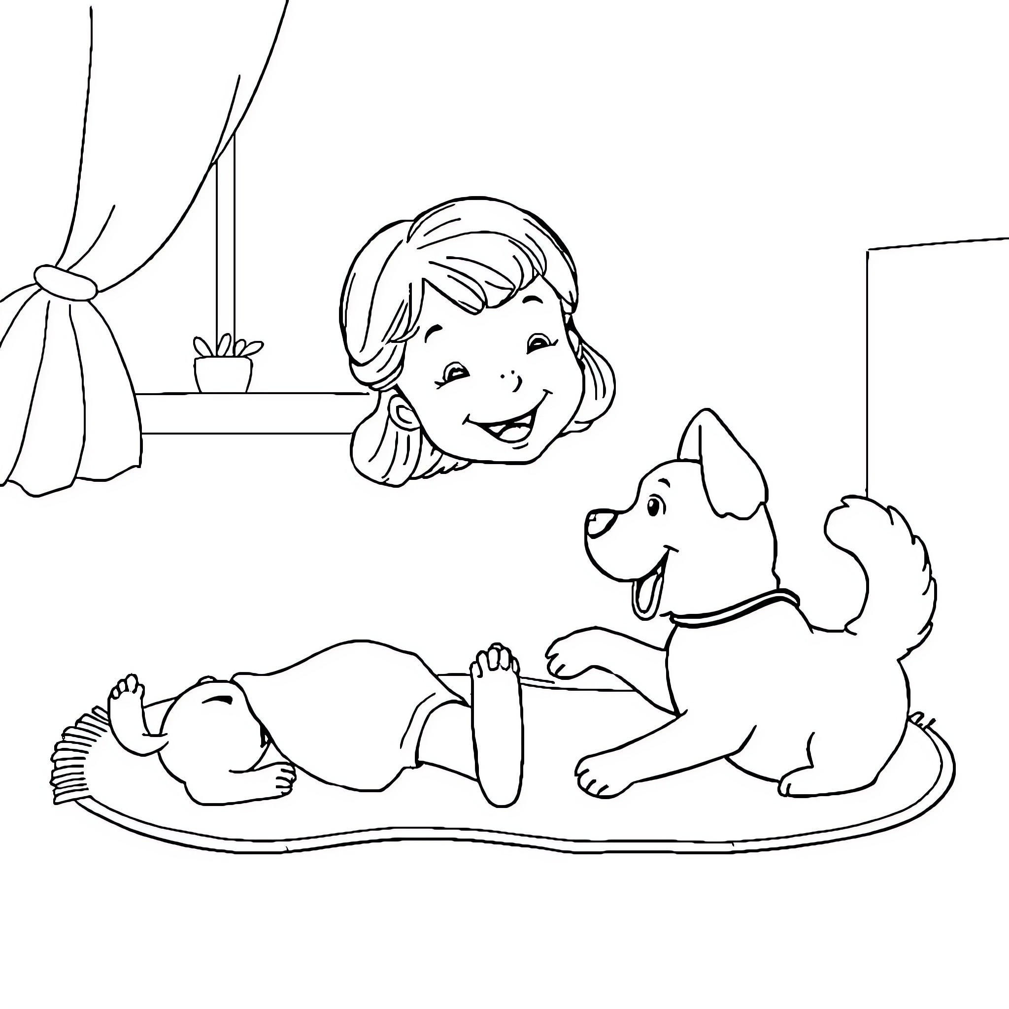 Fille playing with dog in living room Coloring Page (free black-and-white line drawing printable PDF for all, from beginners to advanced learners, including children, teens, adults, and seniors)